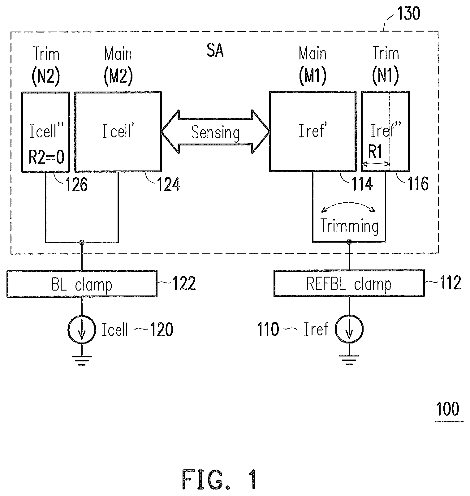 Patent US11783873 — Circuits and methods for compensating a mismatch in a sense amplifier — Figure 1