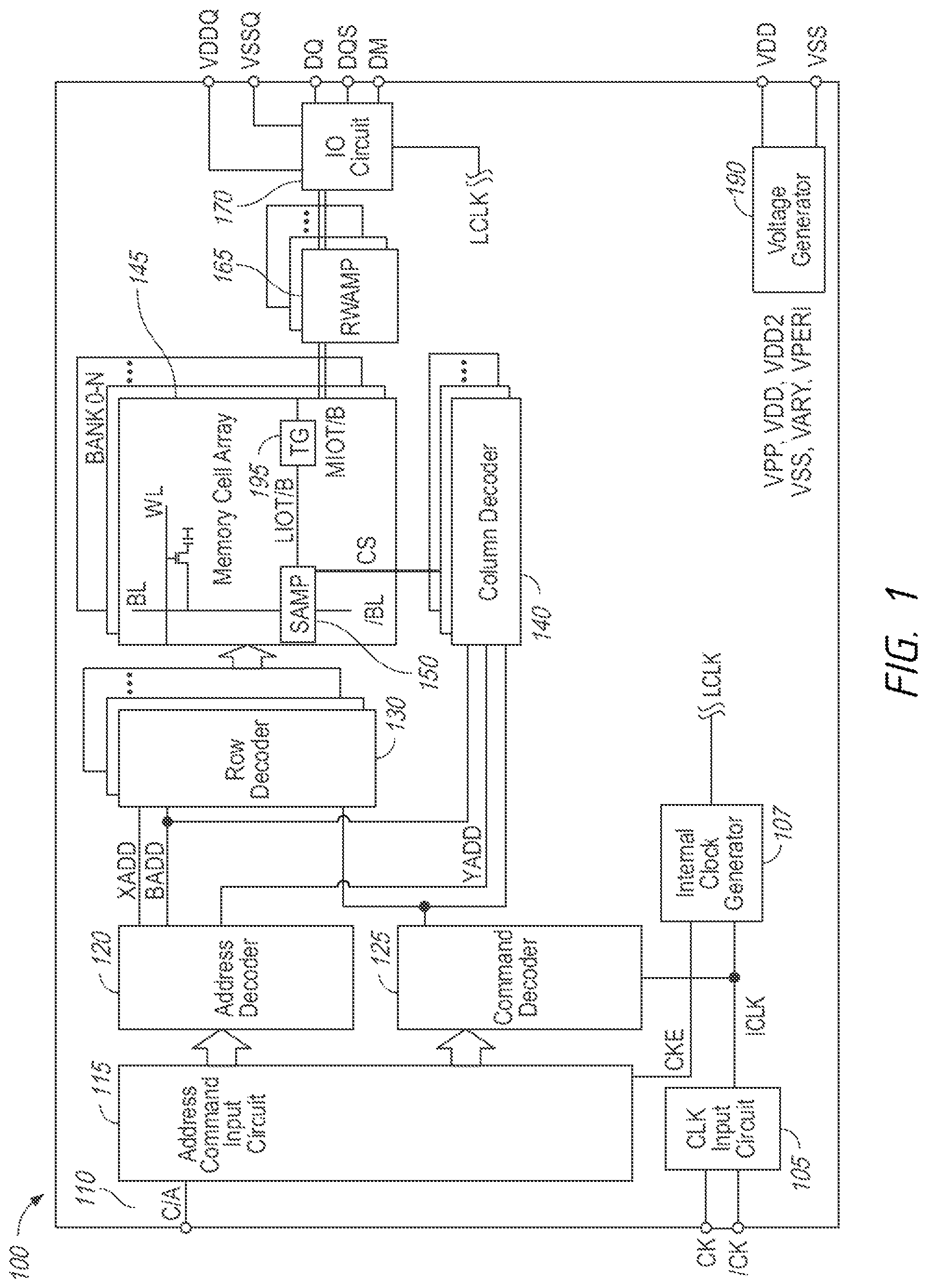 Patent US11783887 — Edge memory array mats with sense amplifiers — Figure 1