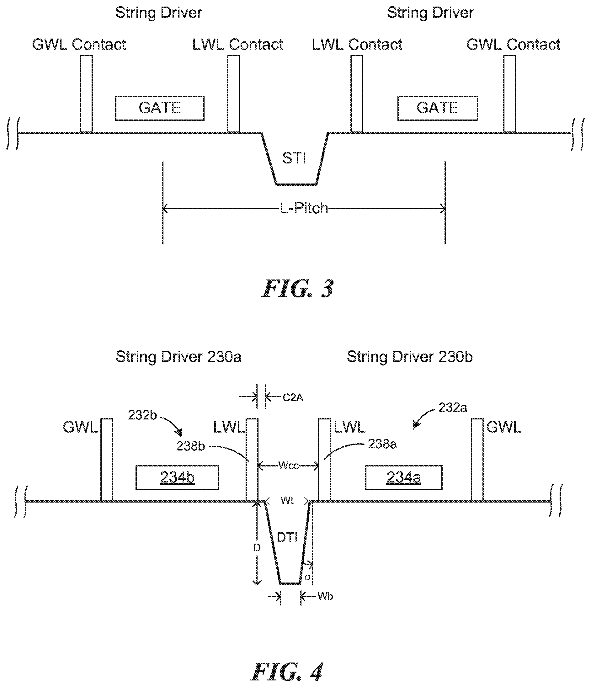 Patent US11783896 Figure 4 – Interleaved string drivers, string driver with narrow active region, and gated LDD string driver