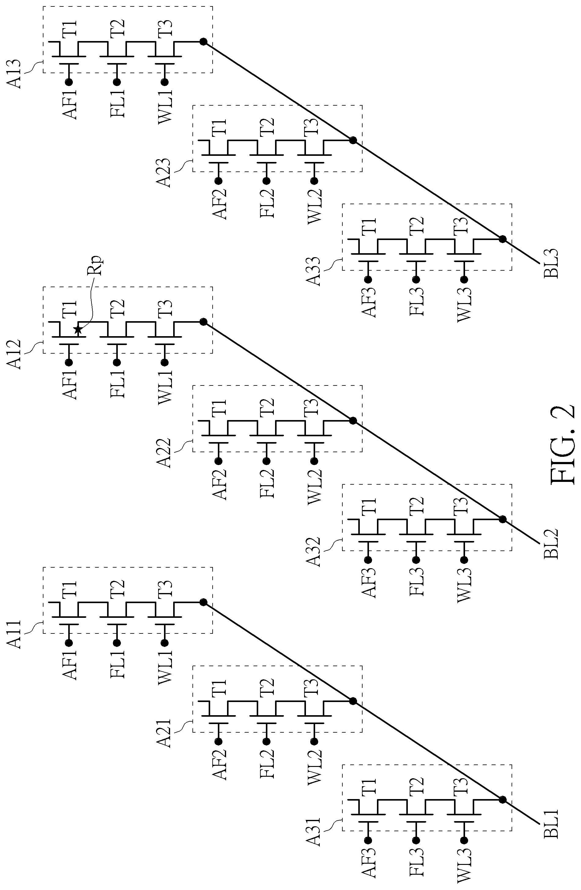 Patent US11783905 Figure 2 – Anti-fuse memory device, memory array, and programming method of an anti-fuse memory device for preventing leakage current and program disturbance