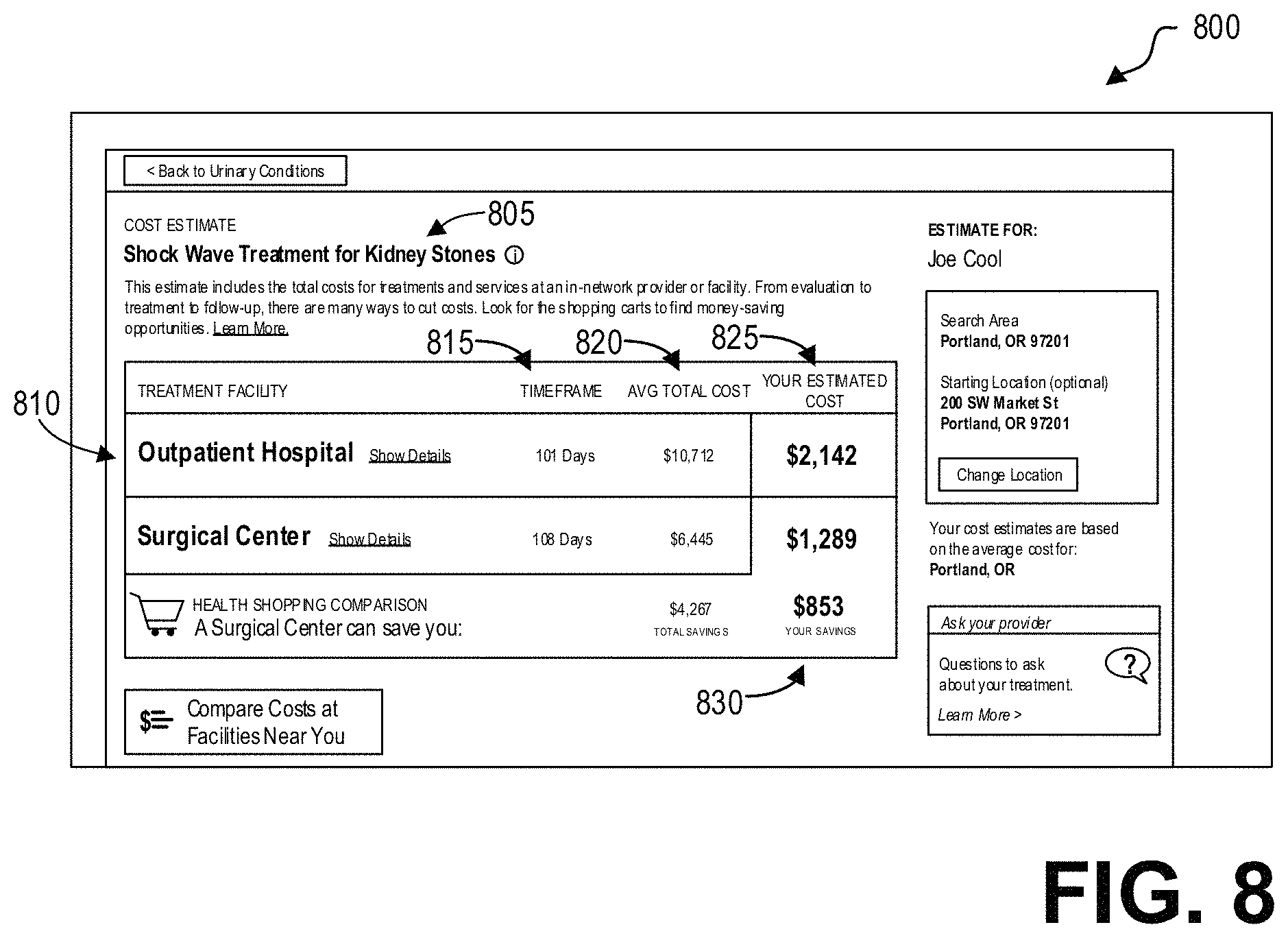 Patent US11783927 Figure 8 – Methods and systems for calculating health care treatment statistics
