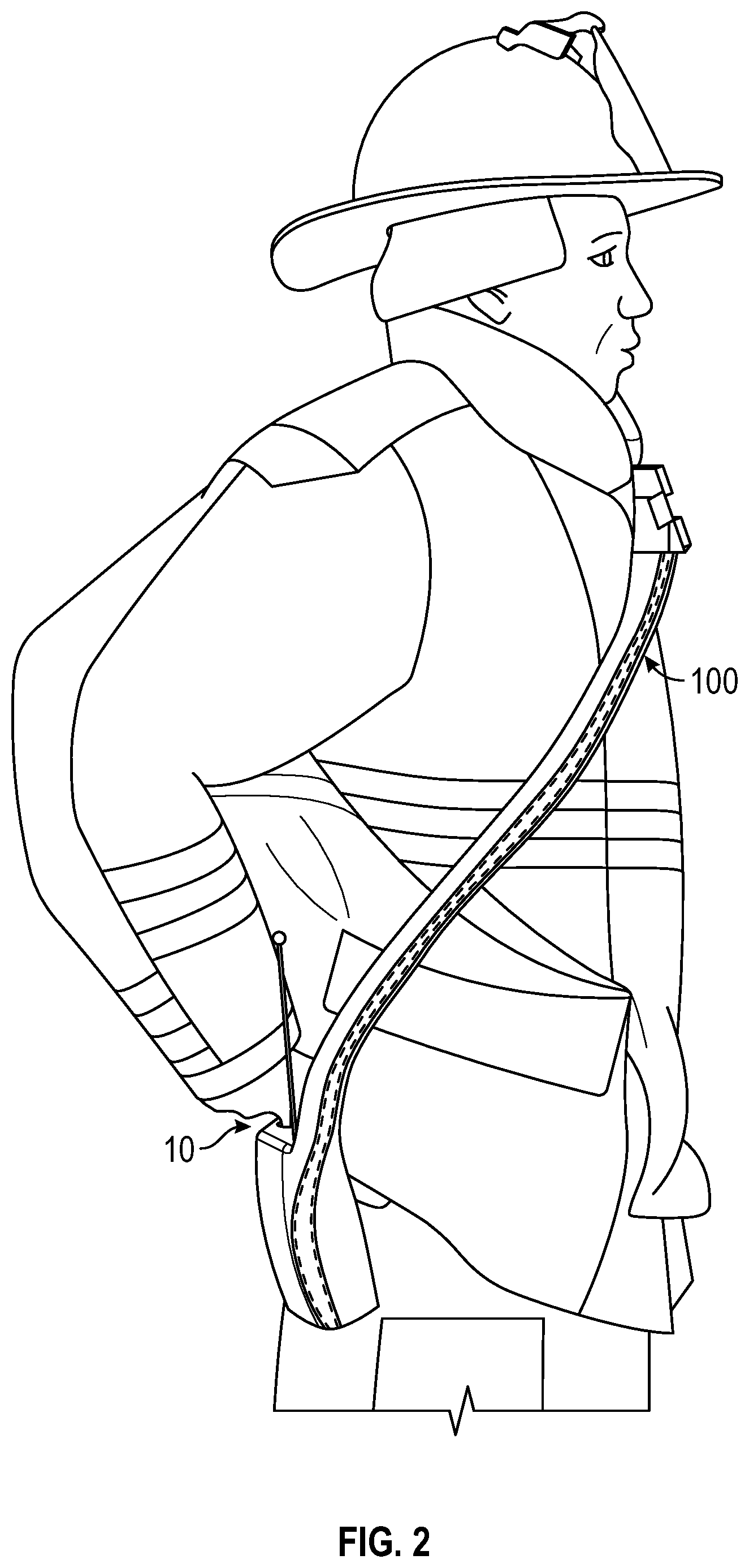 Patent US11783966 Figure 2 – Flame and heat resistant, releasably connectable wrap for a portable radio, remote speaker microphone, and the cord therebetween