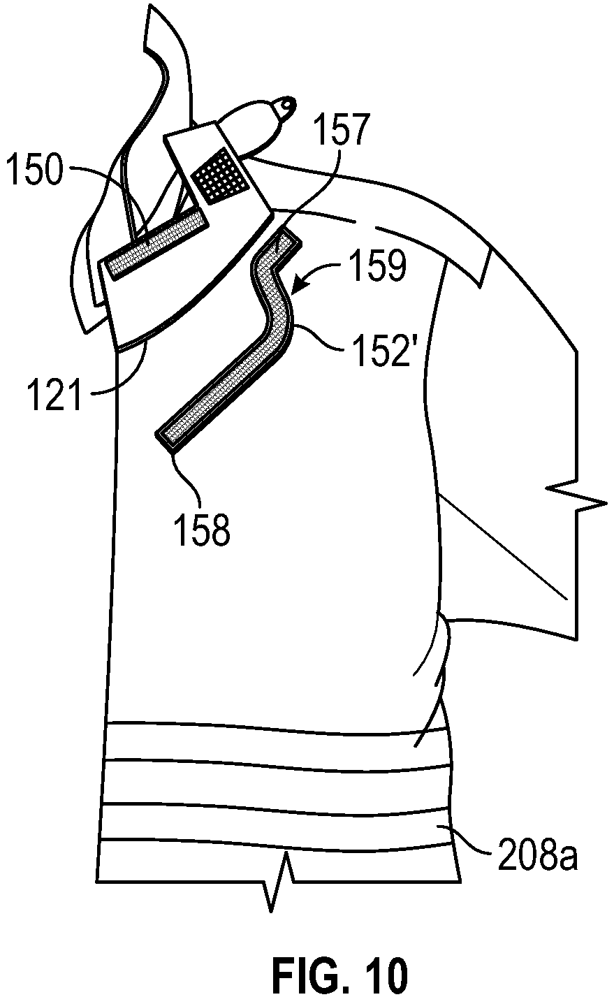Patent US11783966 Figure 9 – Flame and heat resistant, releasably connectable wrap for a portable radio, remote speaker microphone, and the cord therebetween
