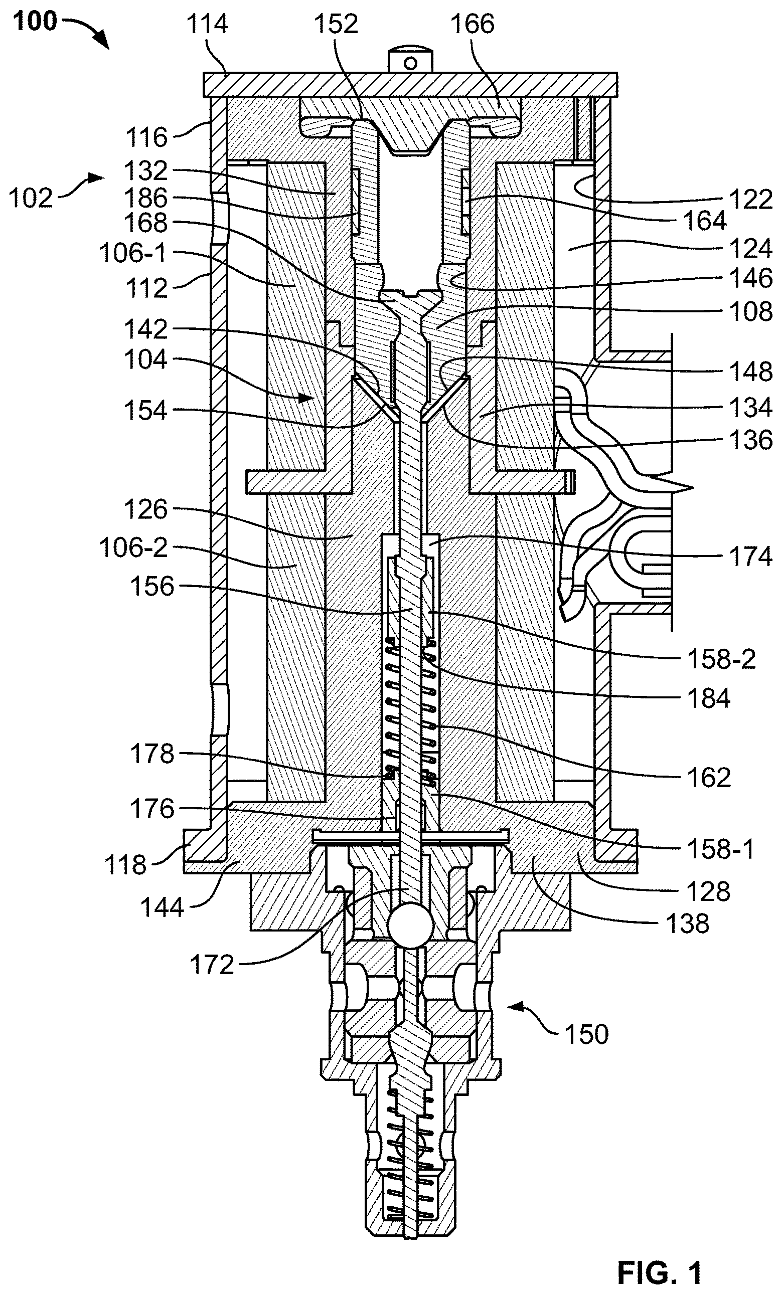 Patent US11783980 Figure 1 – Solenoid with no metal-to-metal wear couples in default position