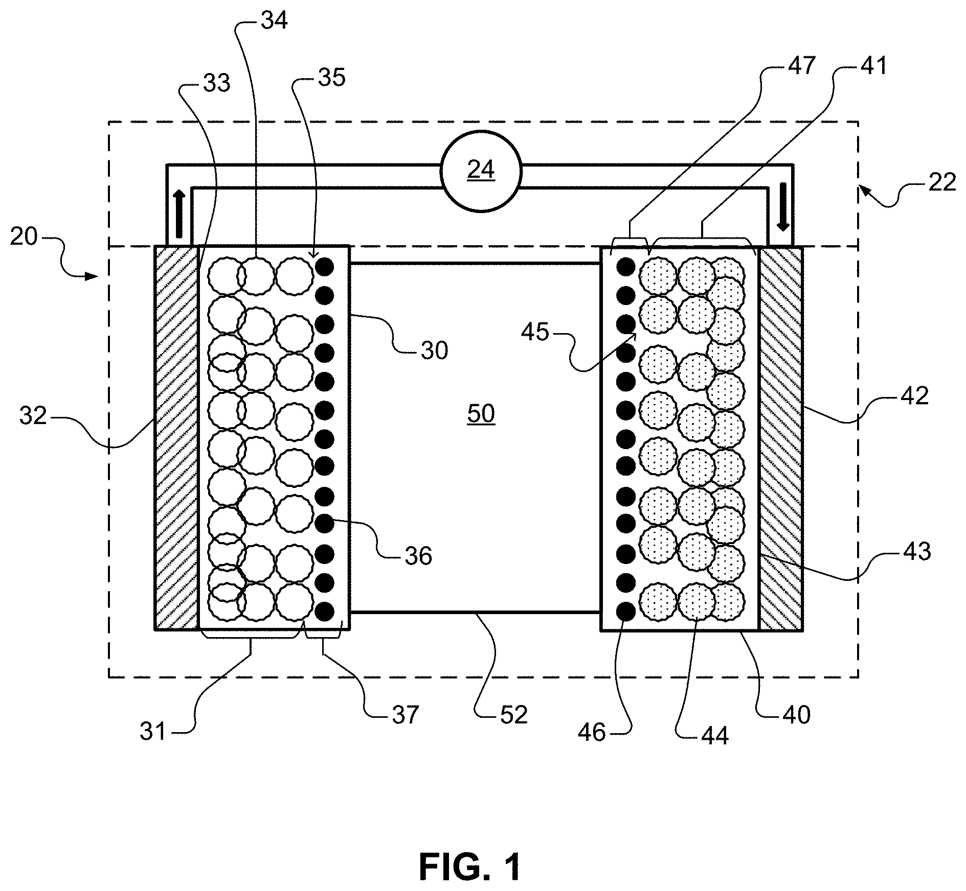 Patent US11784010 Figure 1 – Electrode including capacitor material disposed on or intermingled with electroactive material and electrochemical cell including the same
