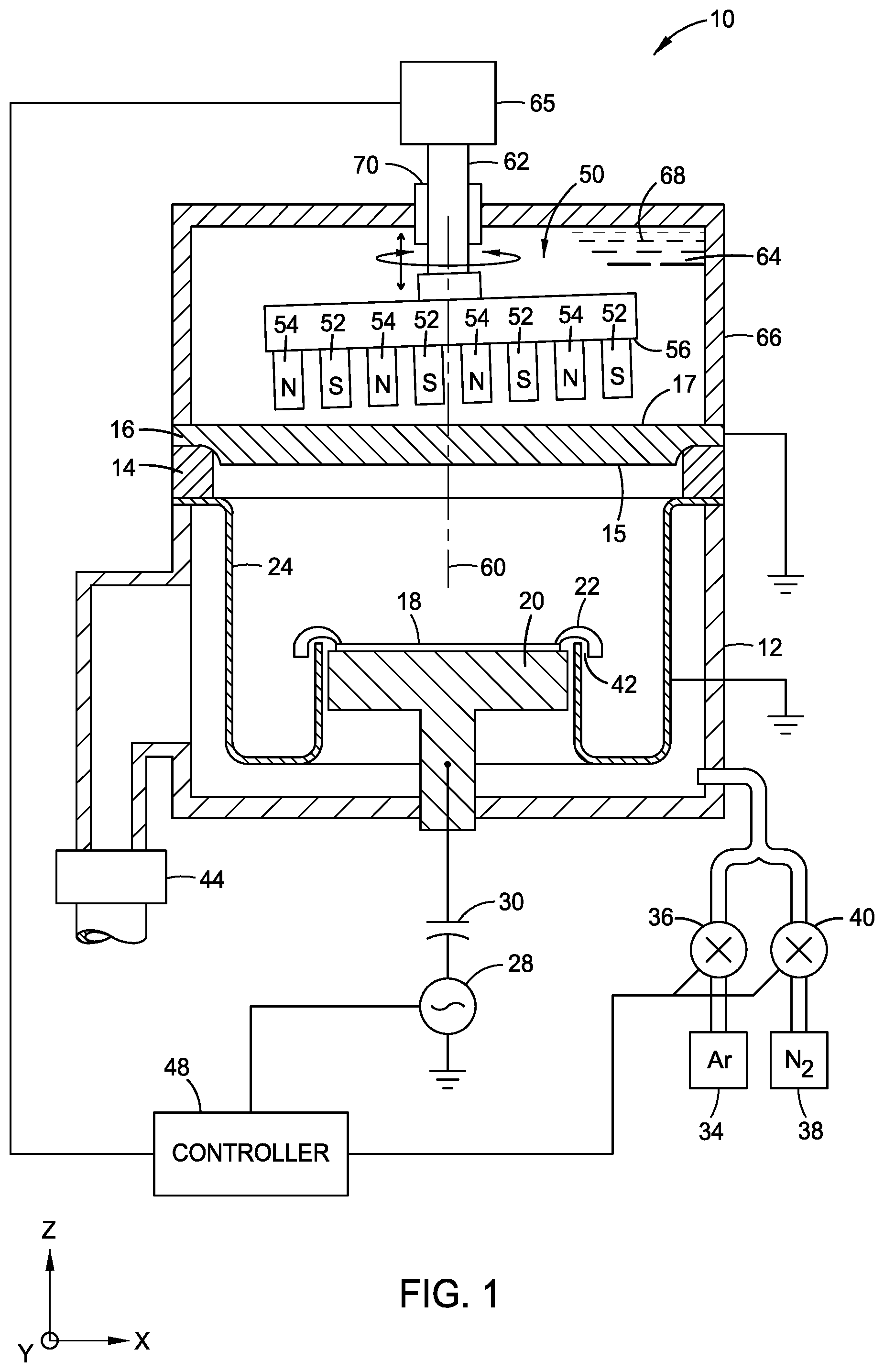 Patent US11784032 Figure 1 – Tilted magnetron in a PVD sputtering deposition chamber