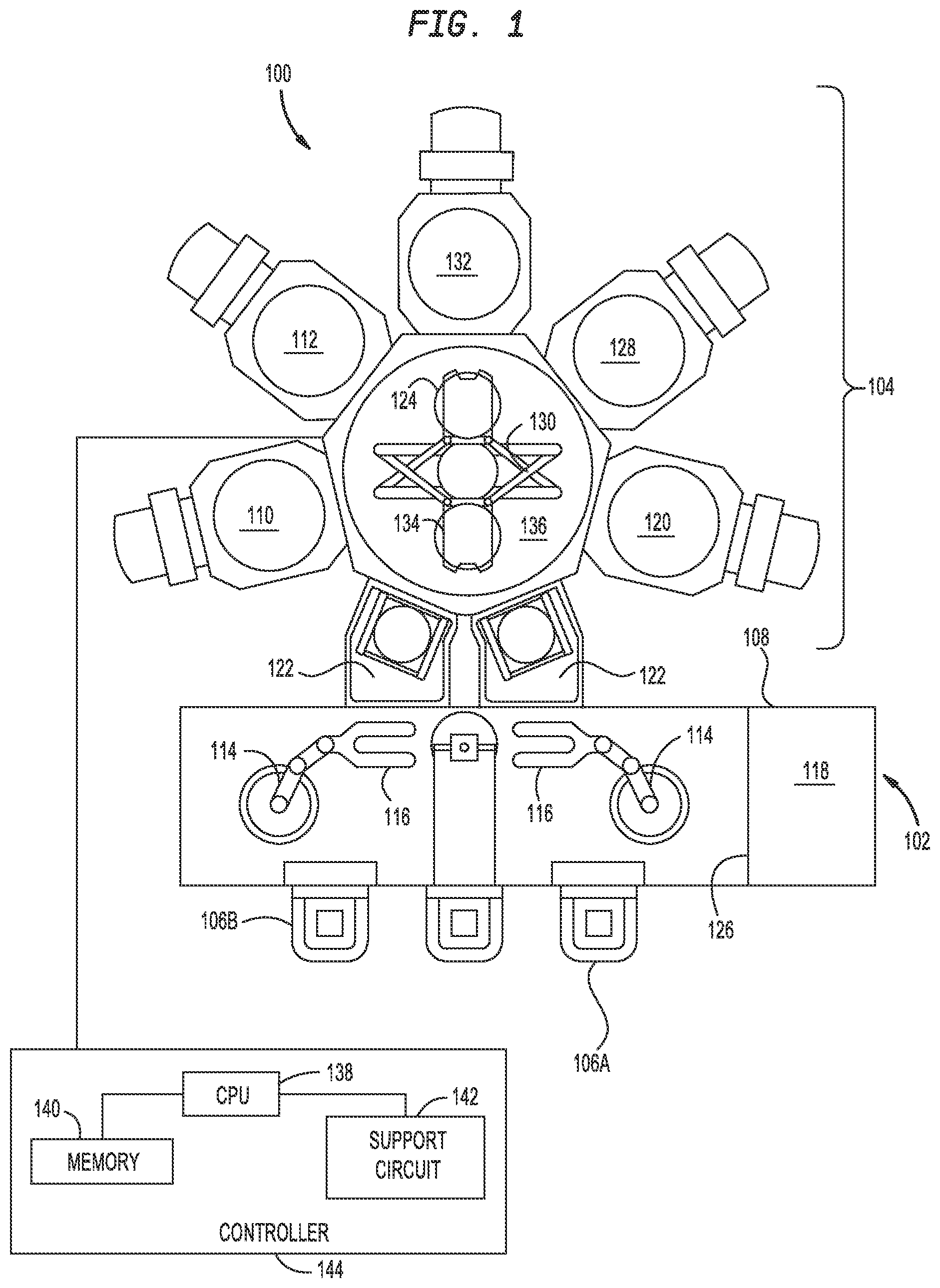Patent US11784076 Figure 1 – Substrate transfer mechanism to reduce back-side substrate contact