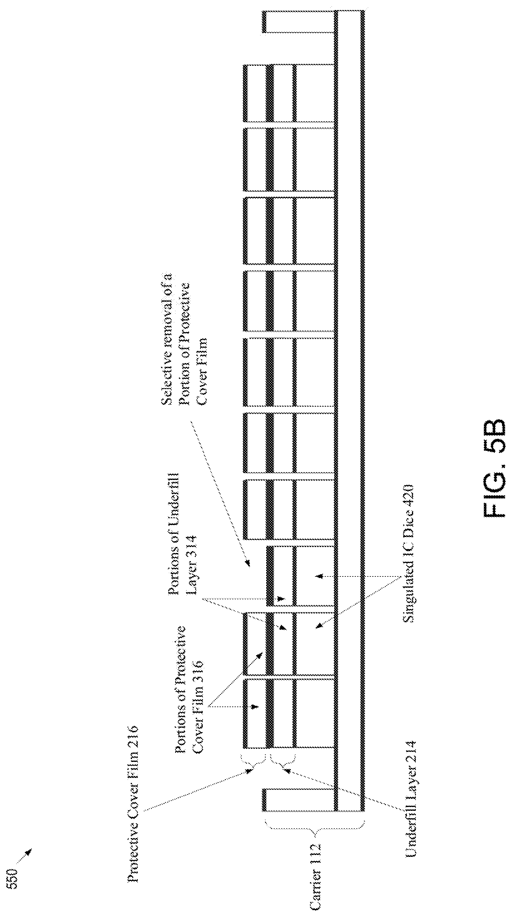 Patent US11784092 Figure 6 – Disposing protective cover film and underfill layer over singulated integrated circuit dice for protection during integrated circuit processing