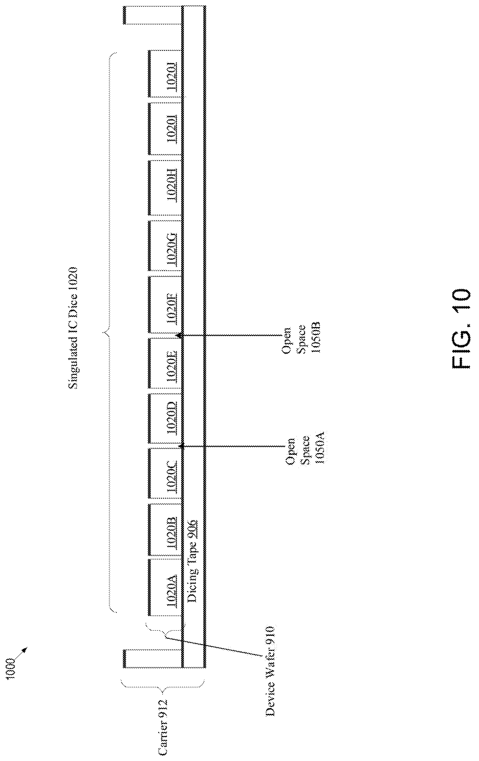 Patent US11784092 Figure 11 – Disposing protective cover film and underfill layer over singulated integrated circuit dice for protection during integrated circuit processing