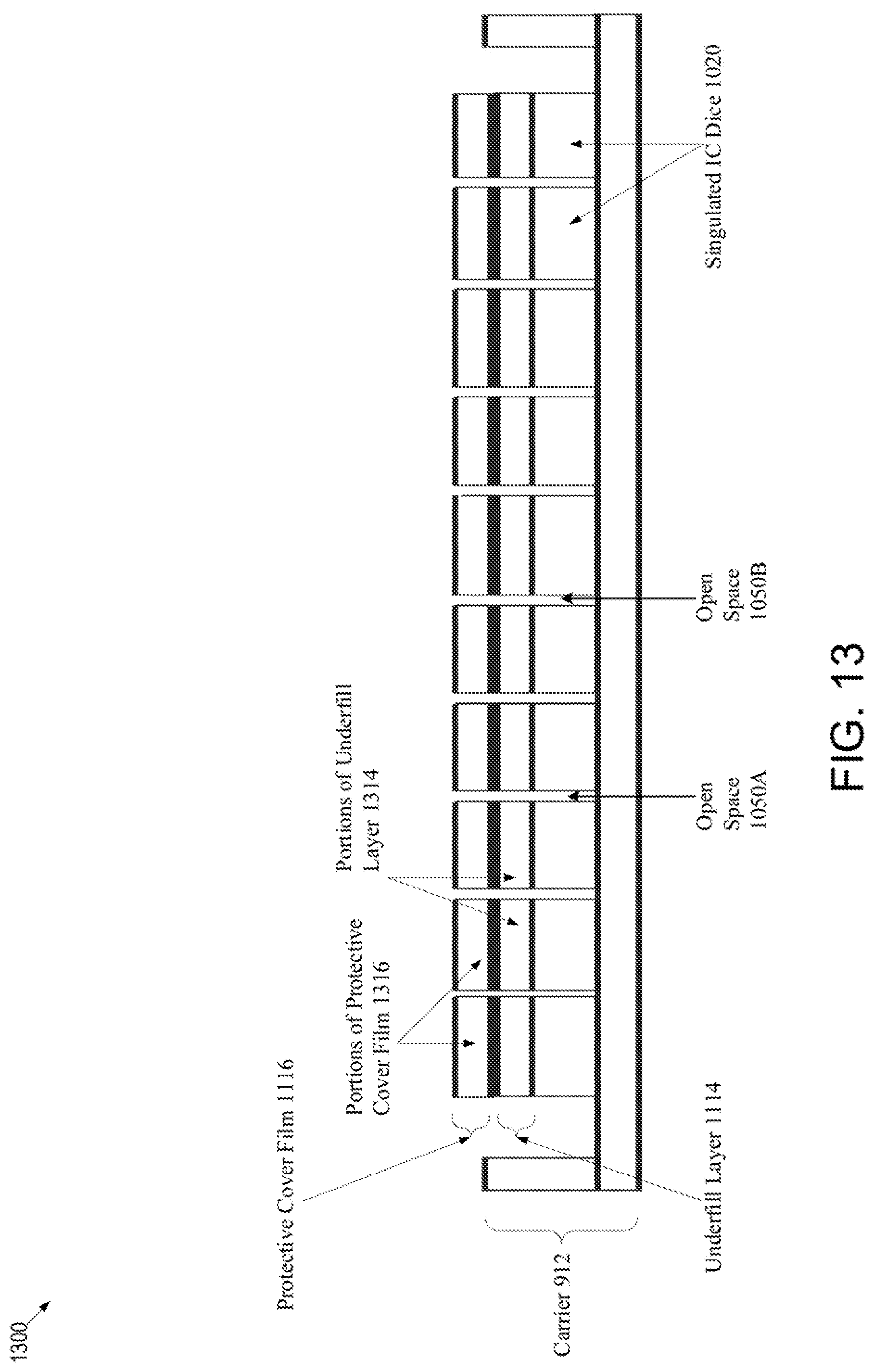 Patent US11784092 Figure 14 – Disposing protective cover film and underfill layer over singulated integrated circuit dice for protection during integrated circuit processing