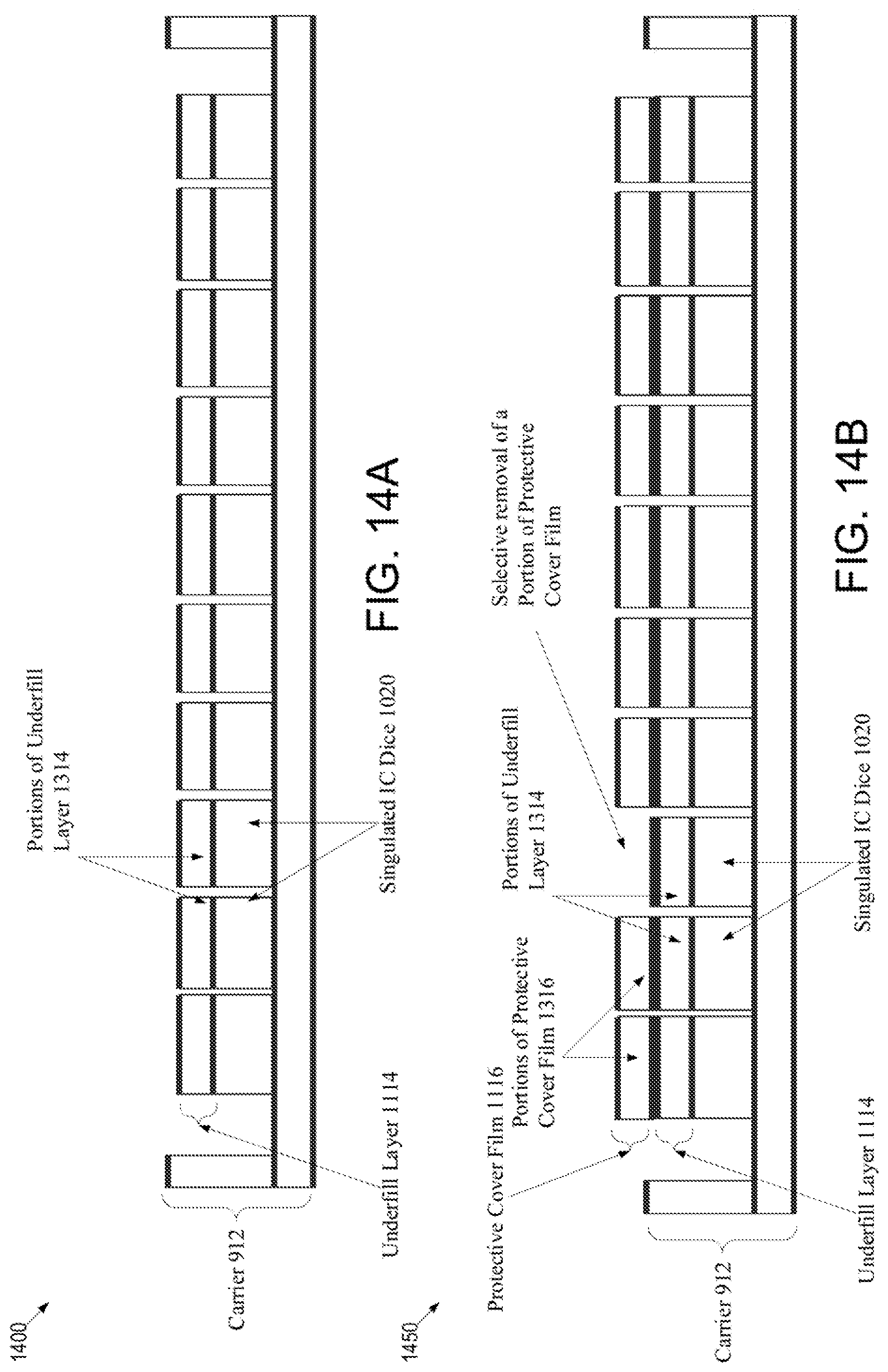 Patent US11784092 Figure 15 – Disposing protective cover film and underfill layer over singulated integrated circuit dice for protection during integrated circuit processing