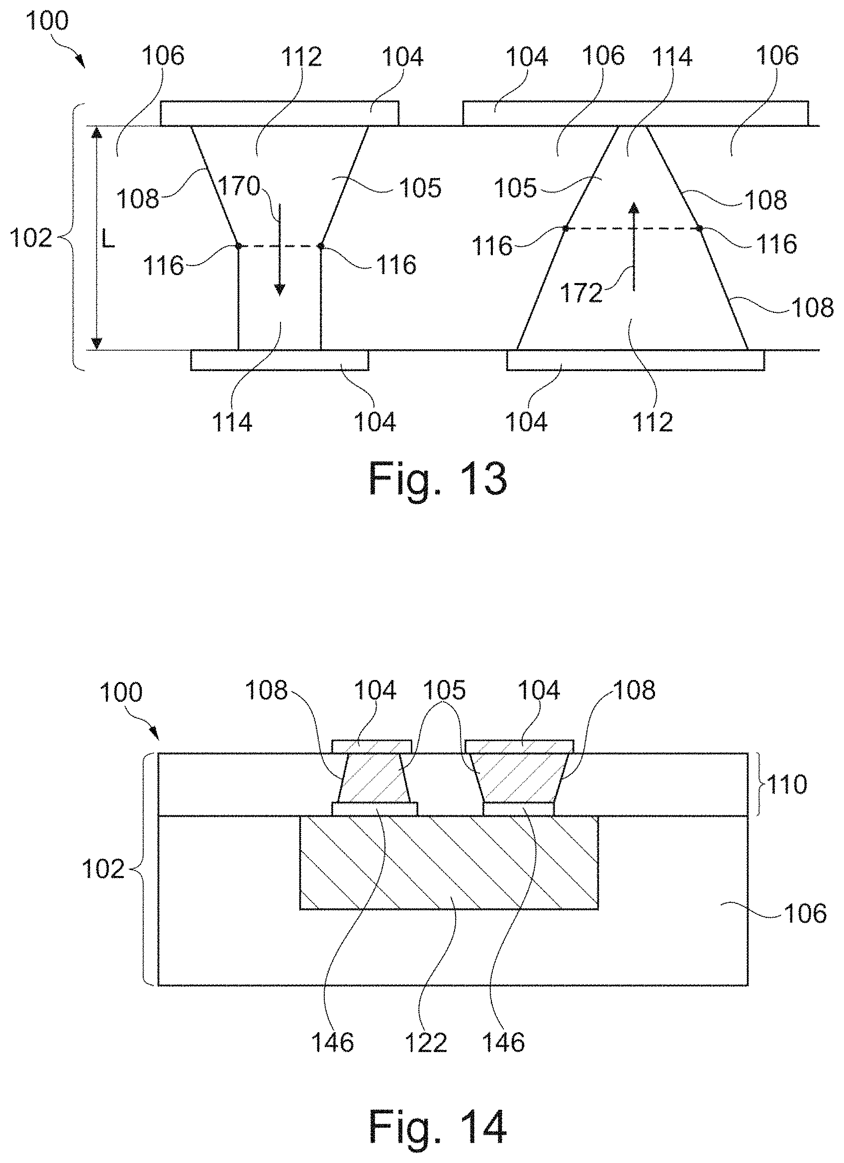 Patent US11784115 Figure 4 – Component carrier having dielectric layer with conductively filled through holes tapering in opposite directions