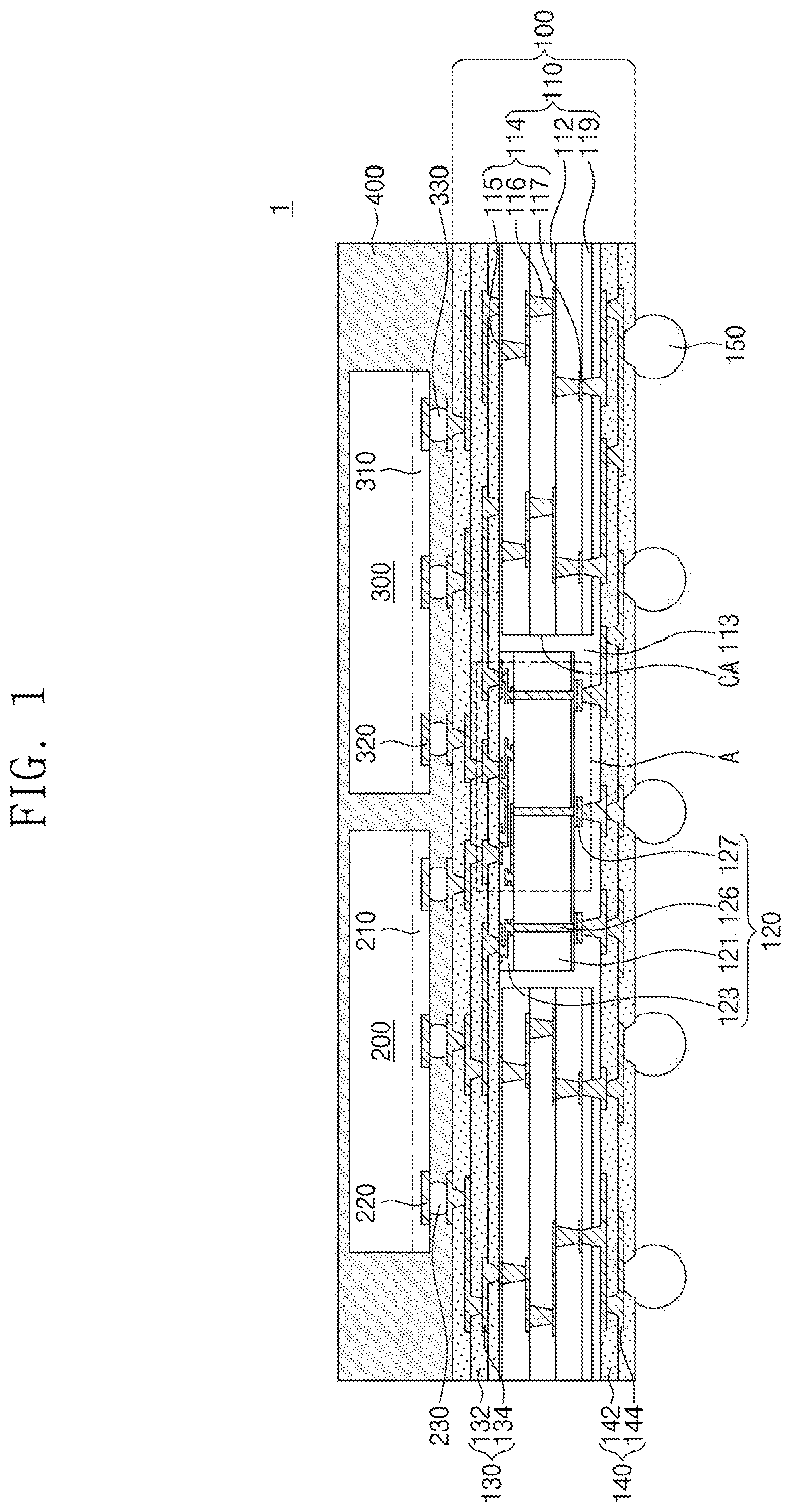 Patent US11784129 — Semiconductor package and method of fabricating the same — Figure 1