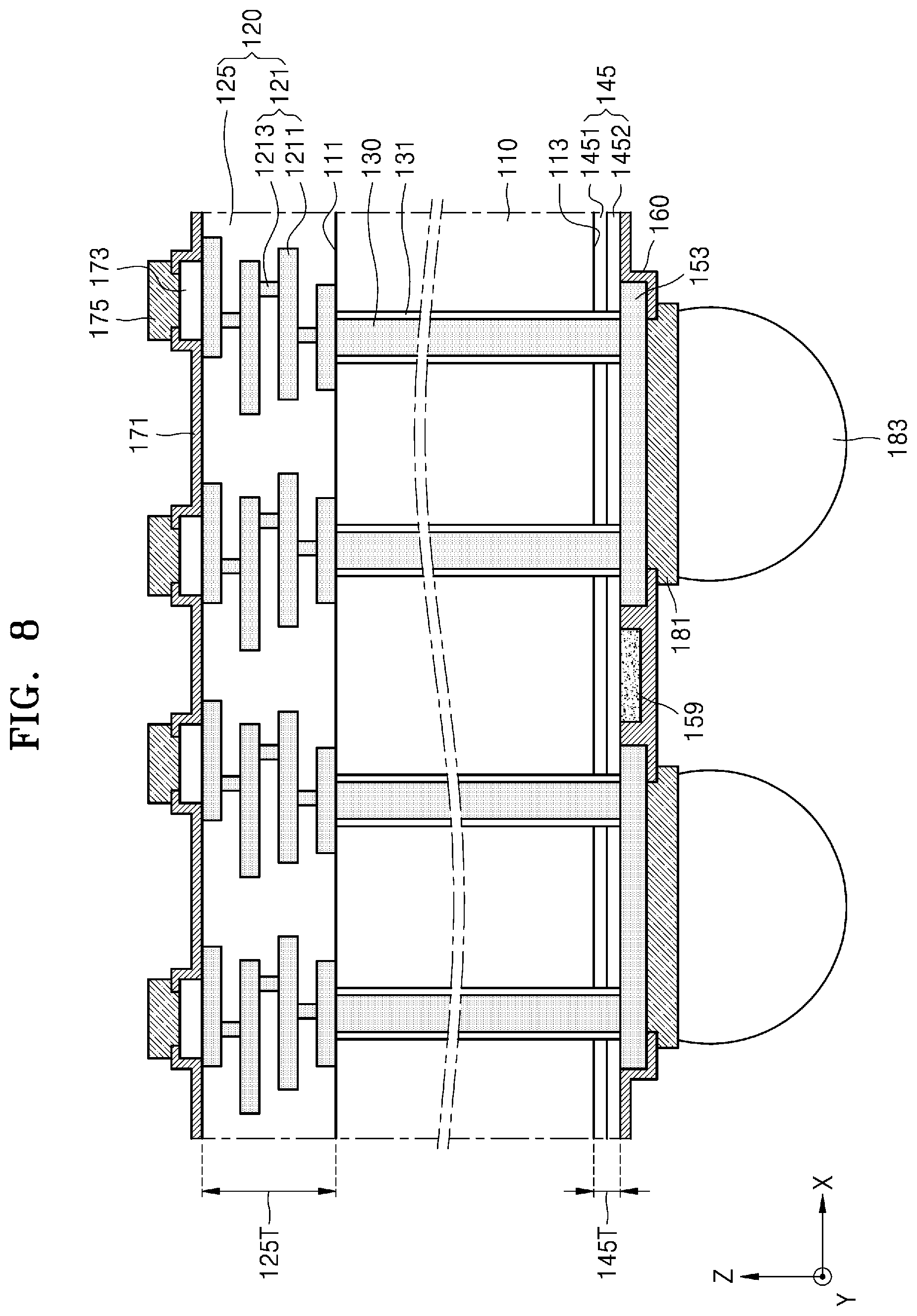 Patent US11784131 Figure 8 – Interposer and semiconductor package including the same