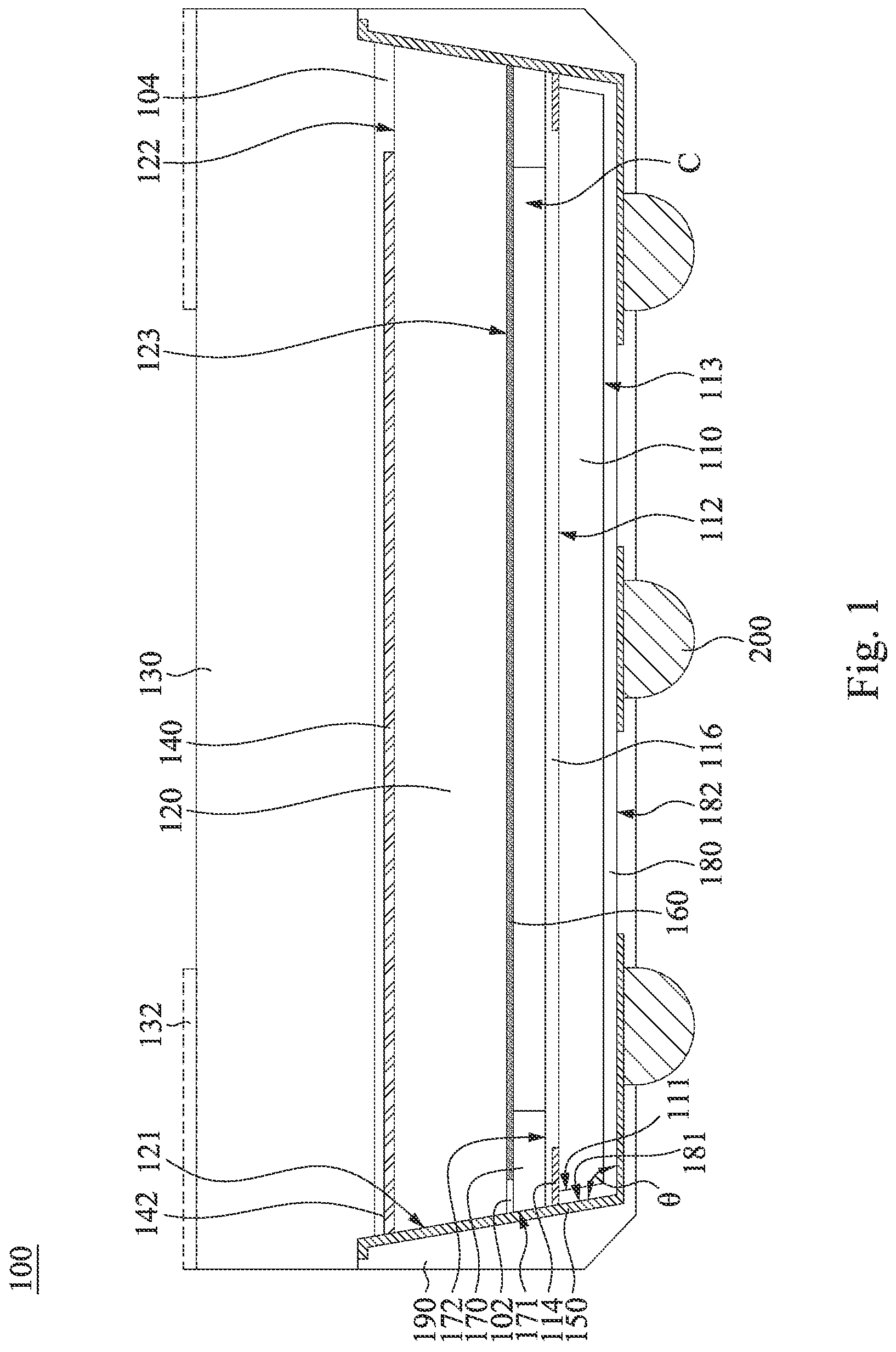 Patent US11784134 Figure 1 – Chip package and manufacturing method thereof