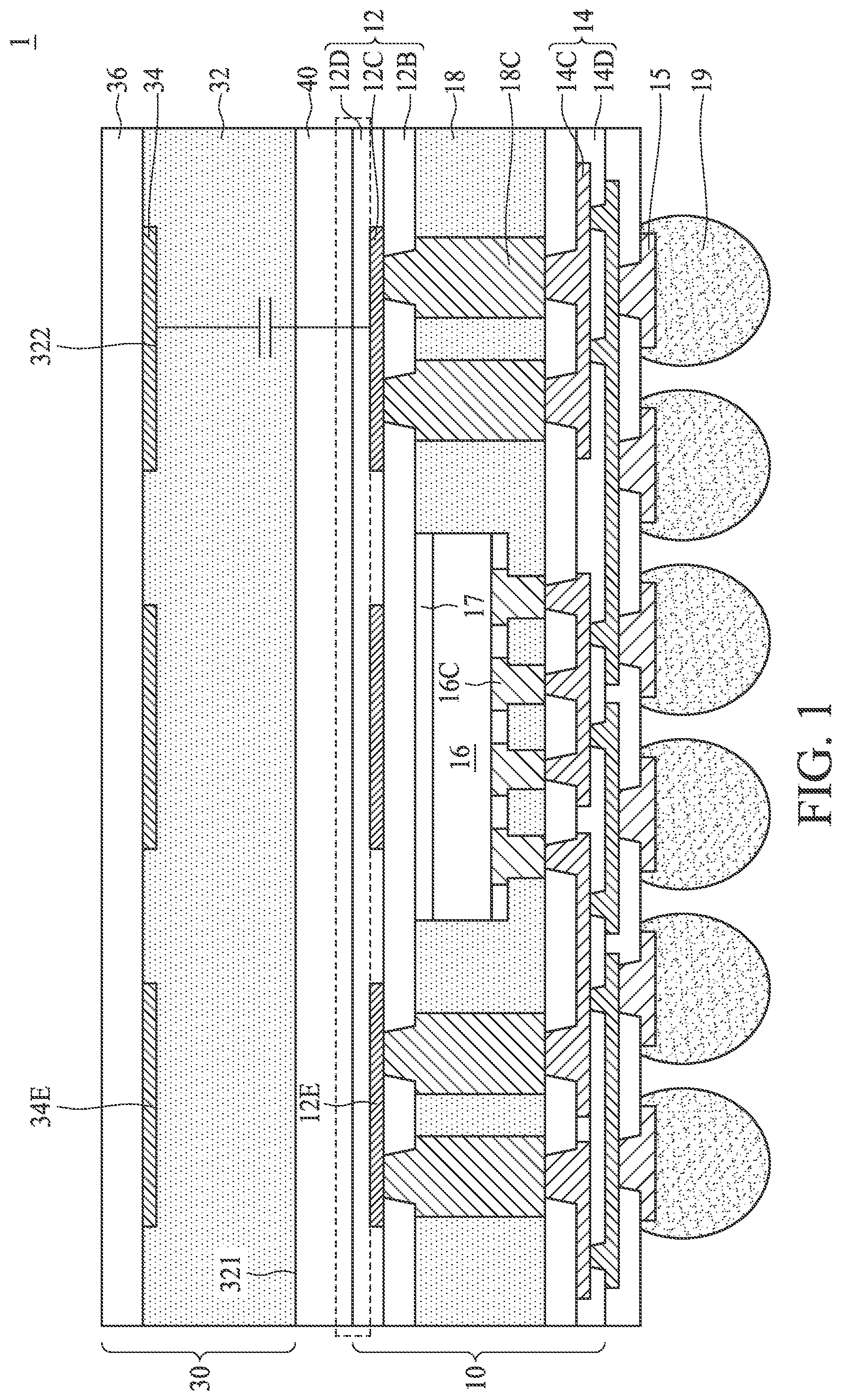 Patent US11784152 Figure 1 – Semiconductor device package and method for manufacturing the same