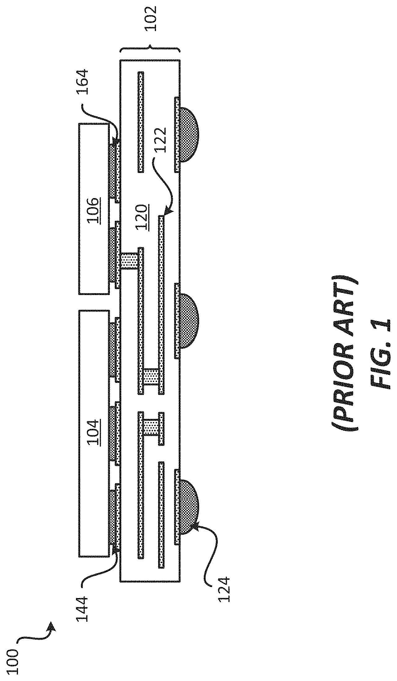 Patent US11784157 Figure 1 – Package comprising integrated devices coupled through a metallization layer