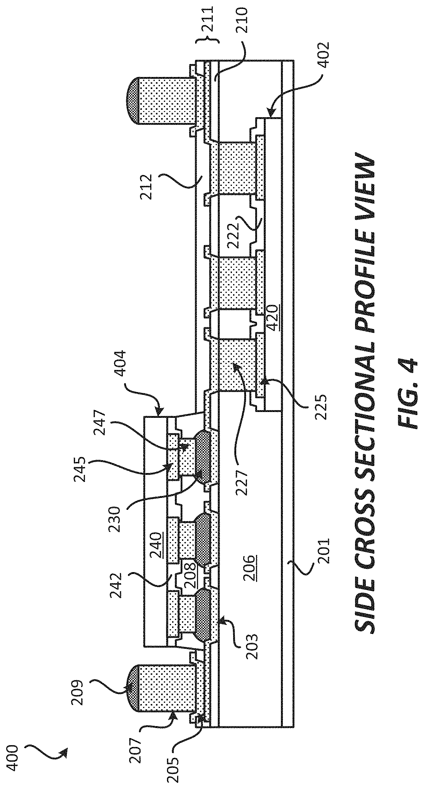 Patent US11784157 Figure 4 – Package comprising integrated devices coupled through a metallization layer