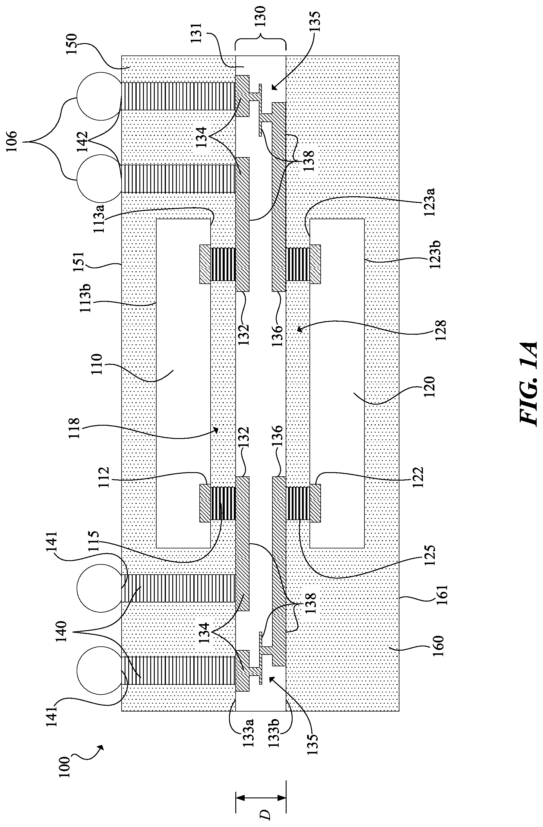 Patent US11784166 — Dual sided fan-out package having low warpage across all temperatures — Figure 1