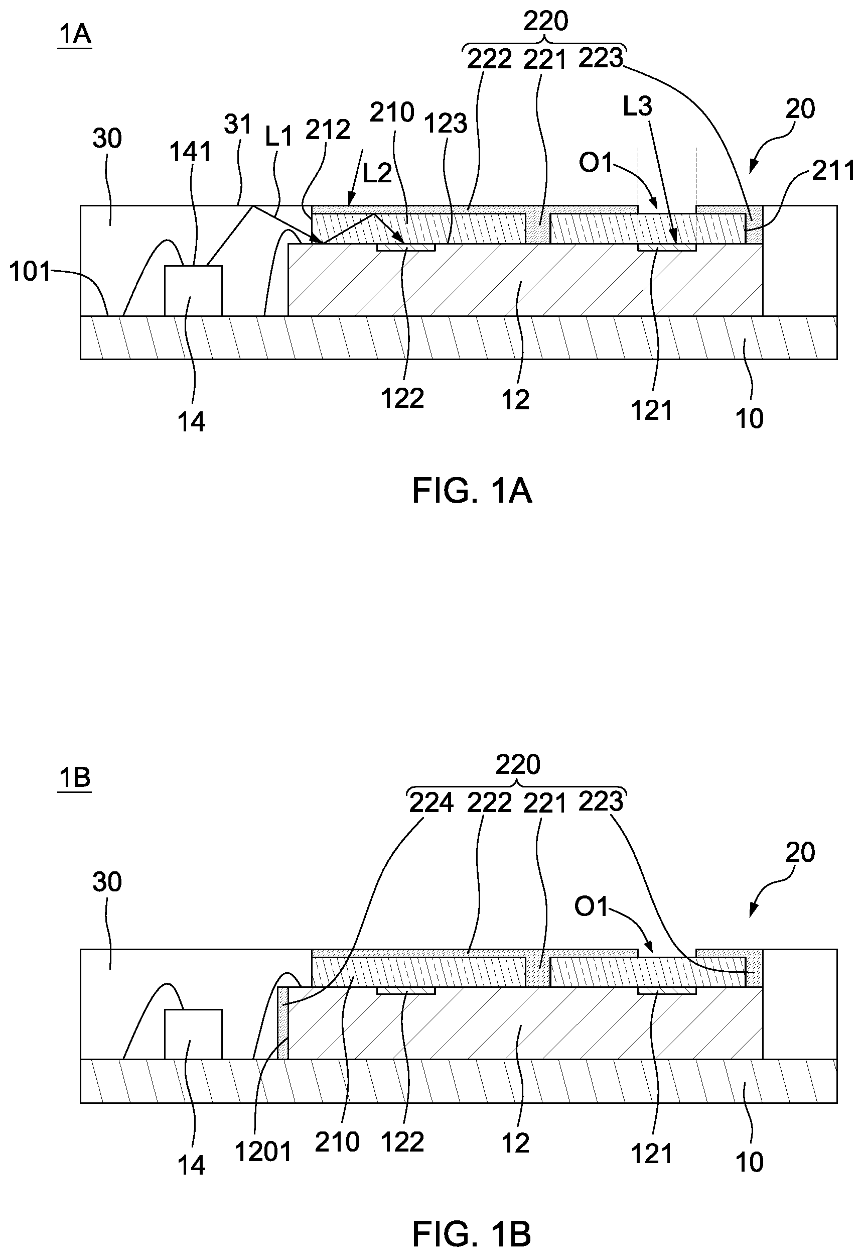Patent US11784174 Figure 1 – Optical package structure and method for manufacturing the same