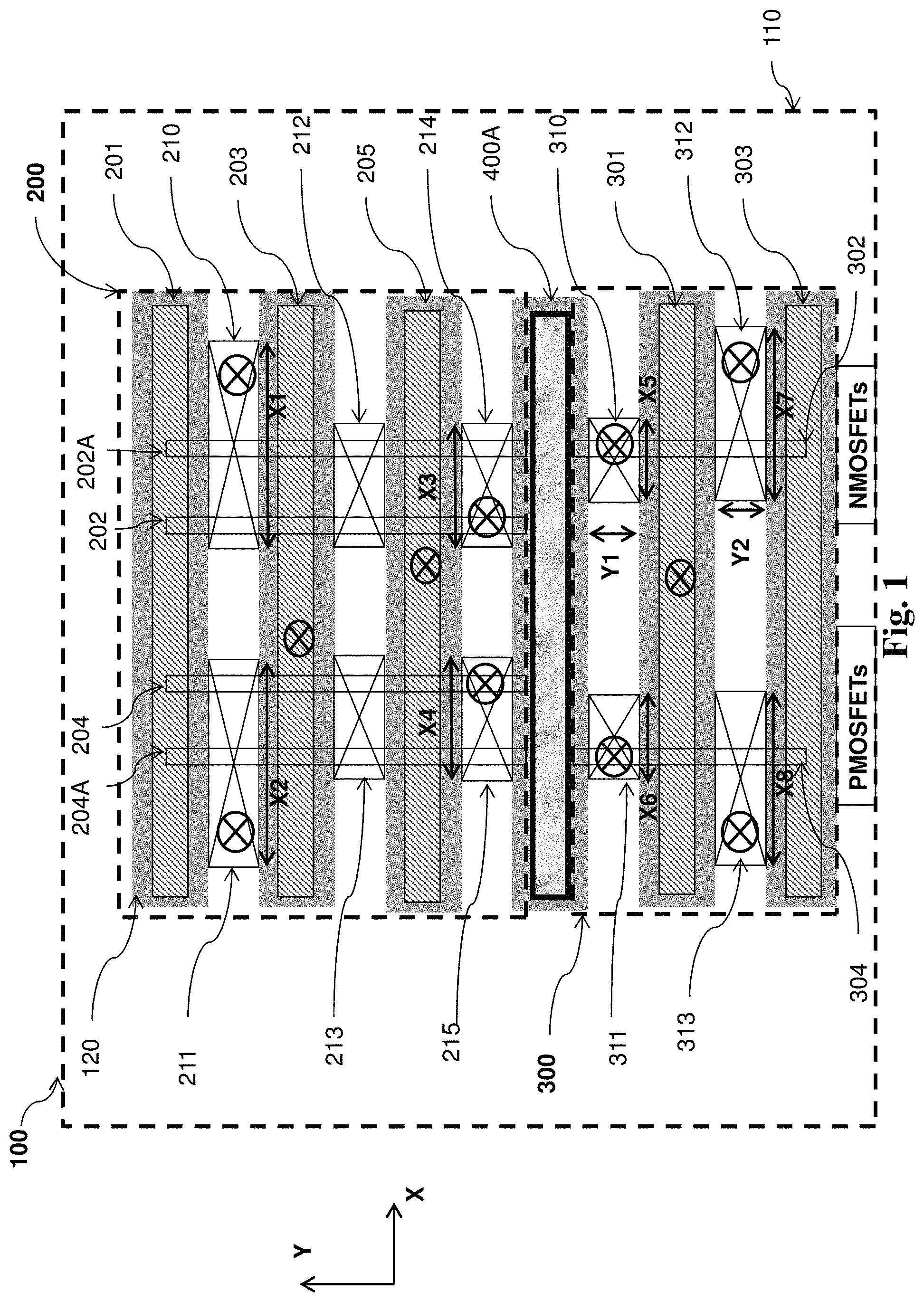 Patent US11784180 — Semiconductor device layout — Figure 1