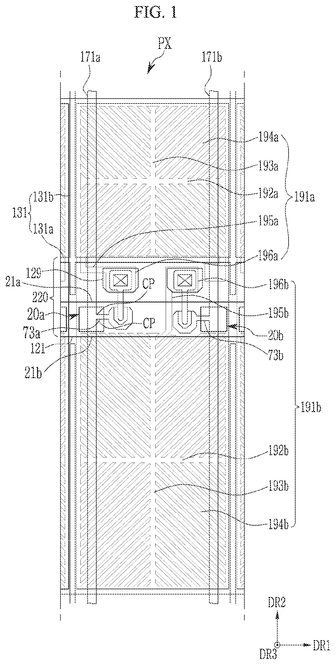 Patent US11784192 Figure 1 – Display device including a patterned conductive layer