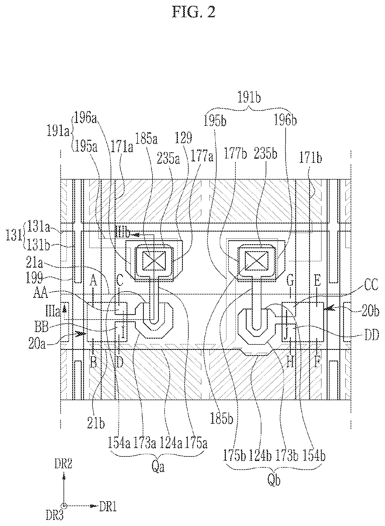 Patent US11784192 Figure 2 – Display device including a patterned conductive layer