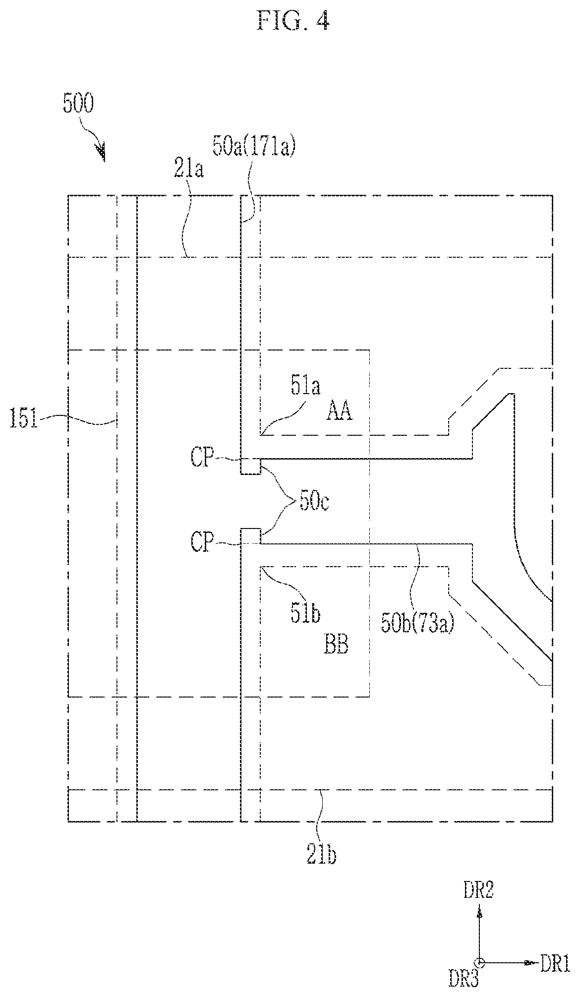 Patent US11784192 Figure 4 – Display device including a patterned conductive layer