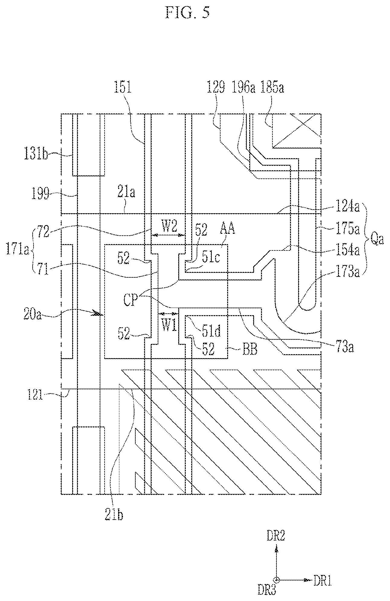 Patent US11784192 Figure 5 – Display device including a patterned conductive layer
