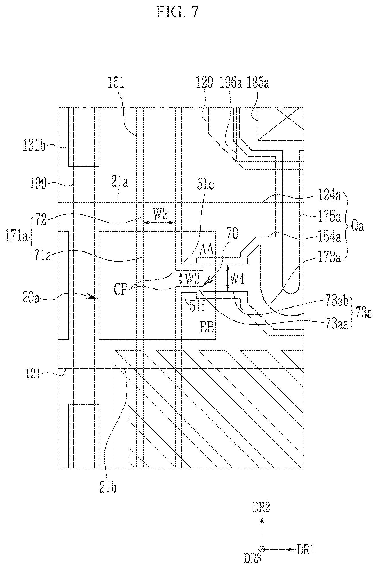 Patent US11784192 Figure 7 – Display device including a patterned conductive layer