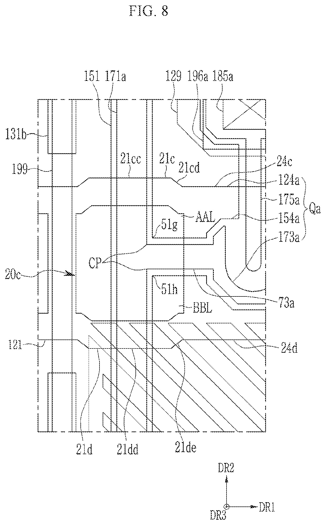 Patent US11784192 Figure 8 – Display device including a patterned conductive layer