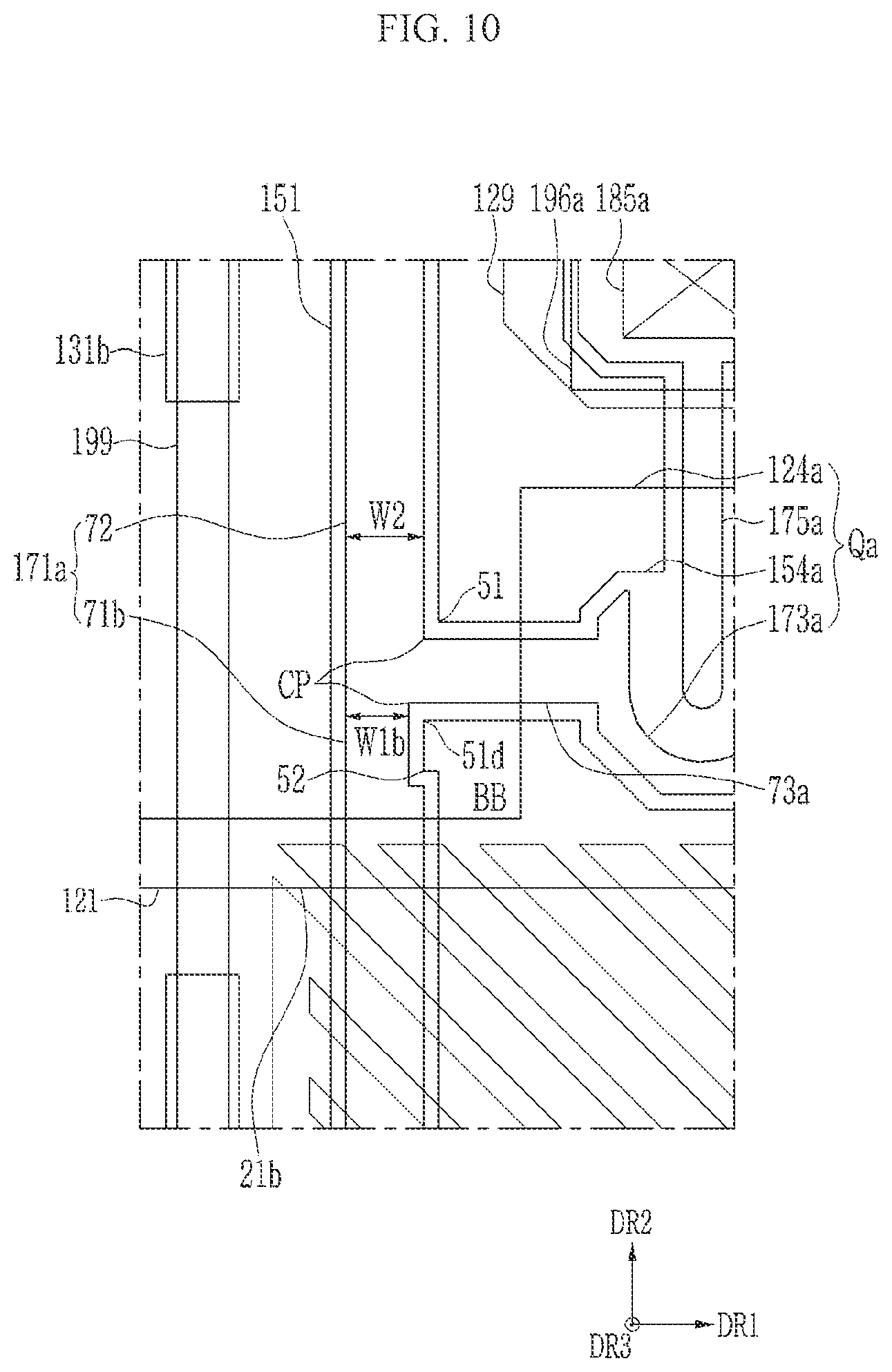 Patent US11784192 Figure 10 – Display device including a patterned conductive layer