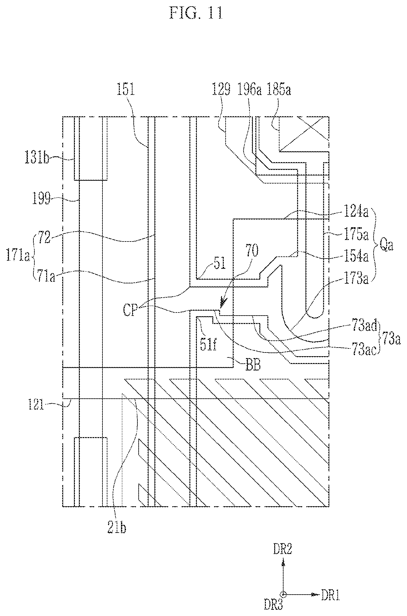 Patent US11784192 Figure 11 – Display device including a patterned conductive layer