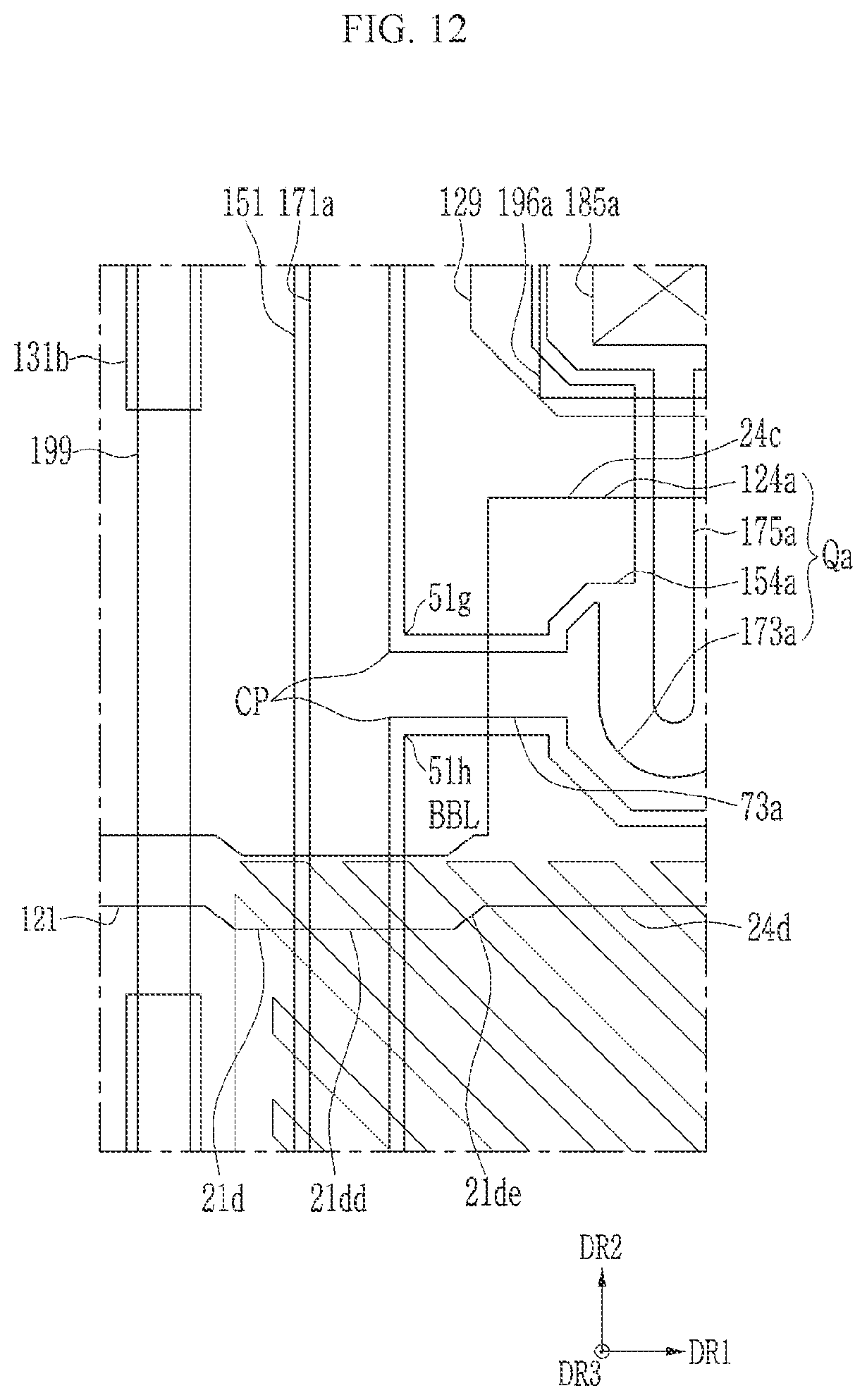 Patent US11784192 Figure 12 – Display device including a patterned conductive layer