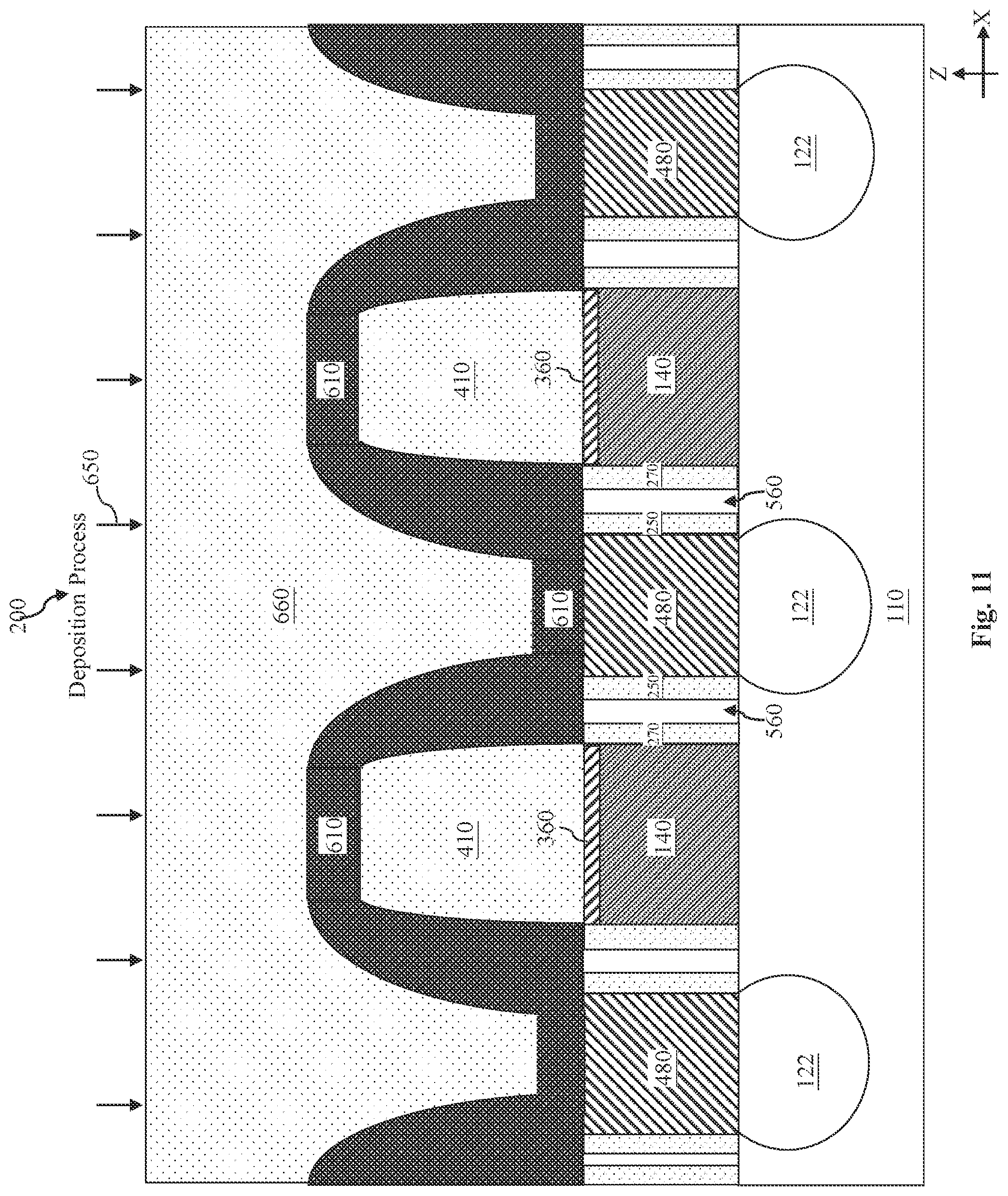 Patent US11784218 Figure 12 – Gate air spacer protection during source/drain via hole etching