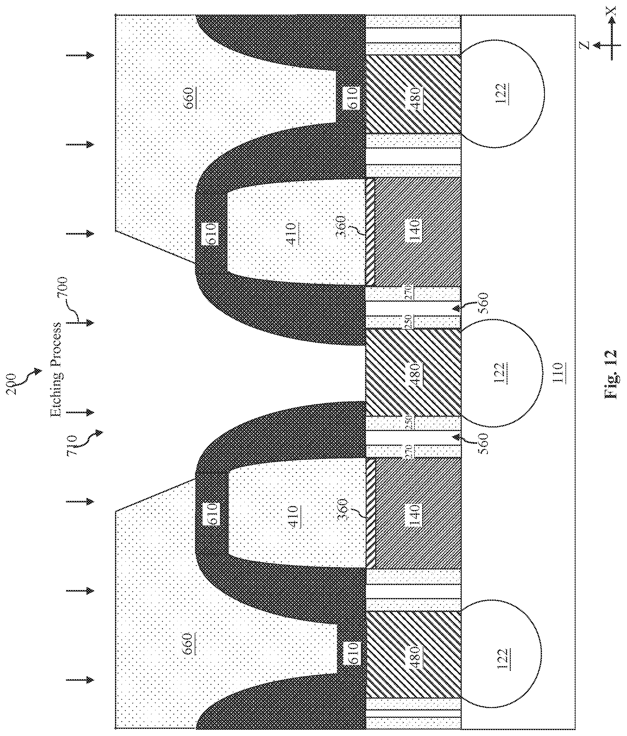 Patent US11784218 Figure 13 – Gate air spacer protection during source/drain via hole etching