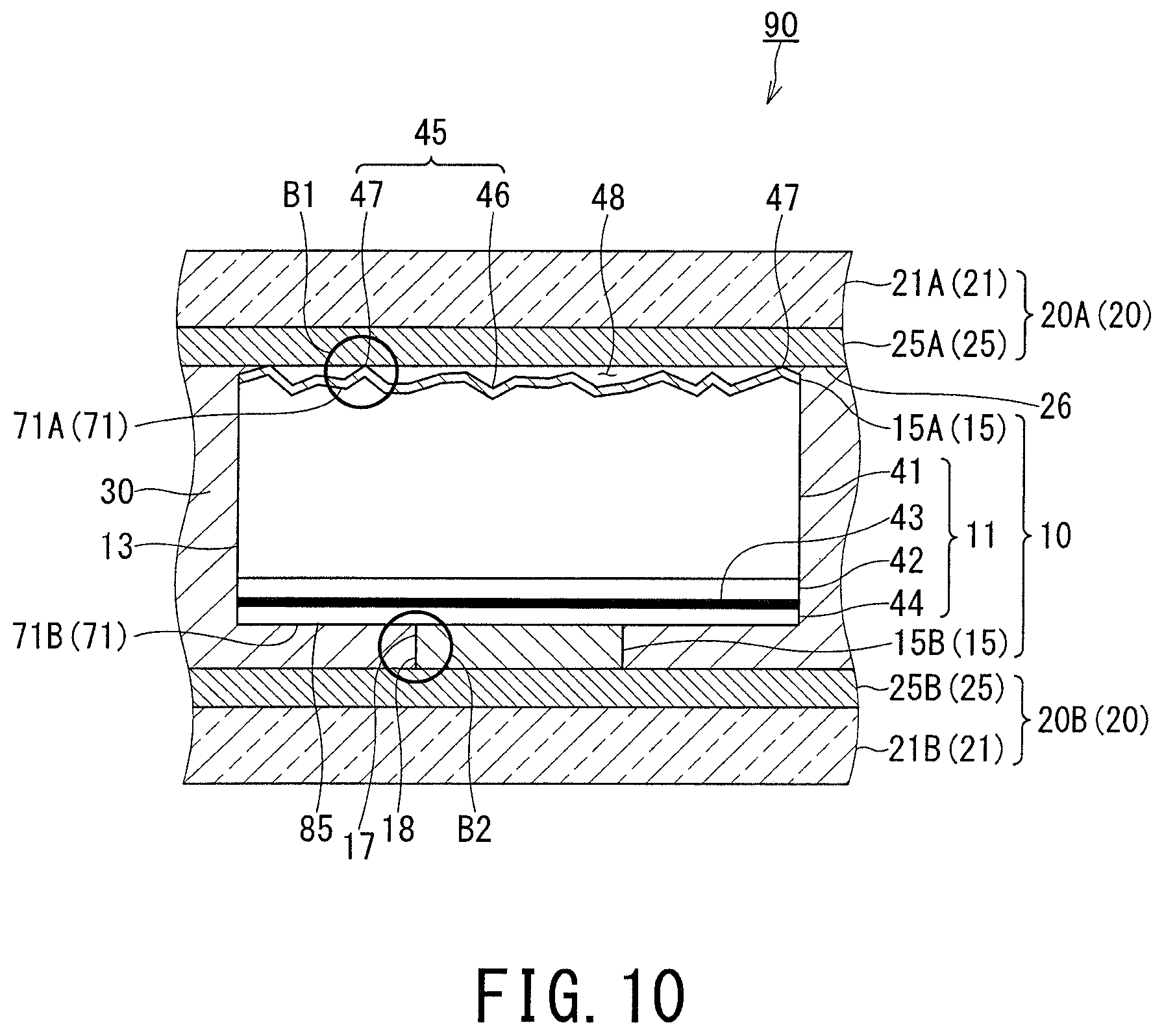 Patent US11784290 Figure 9 – Light-emitting device with improved flexural resistance and electrical connection between layers, production method therefor, and device using light-emitting device