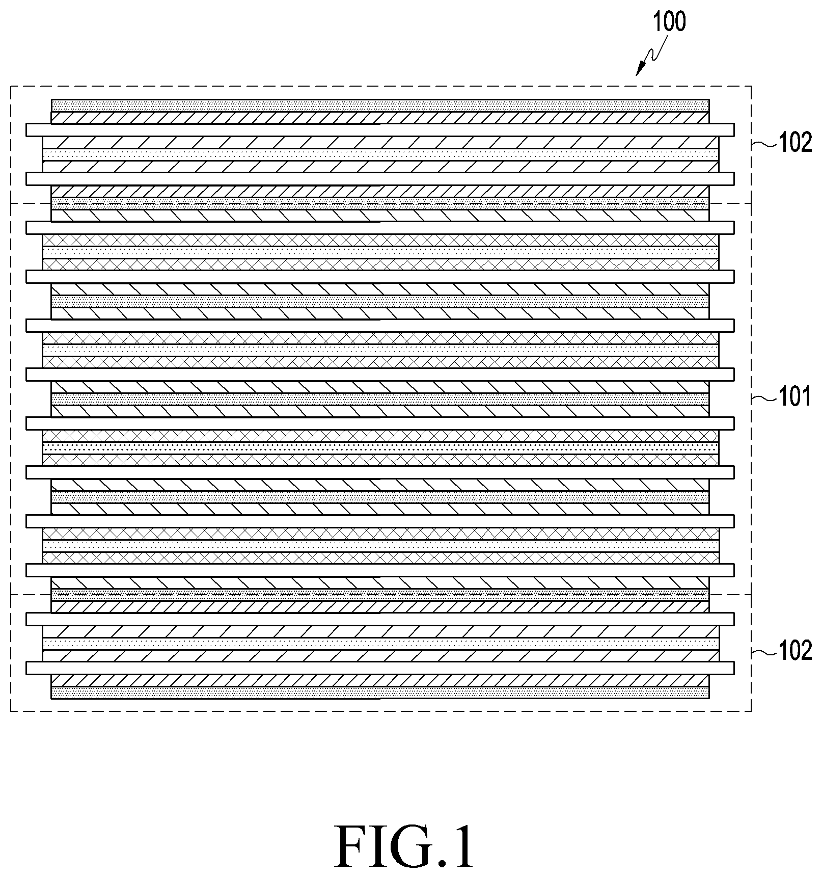 Patent US11784300 Figure 1 – Battery including multiple unit cells having different characteristics in electronic conductivity of anode and electronic device including same