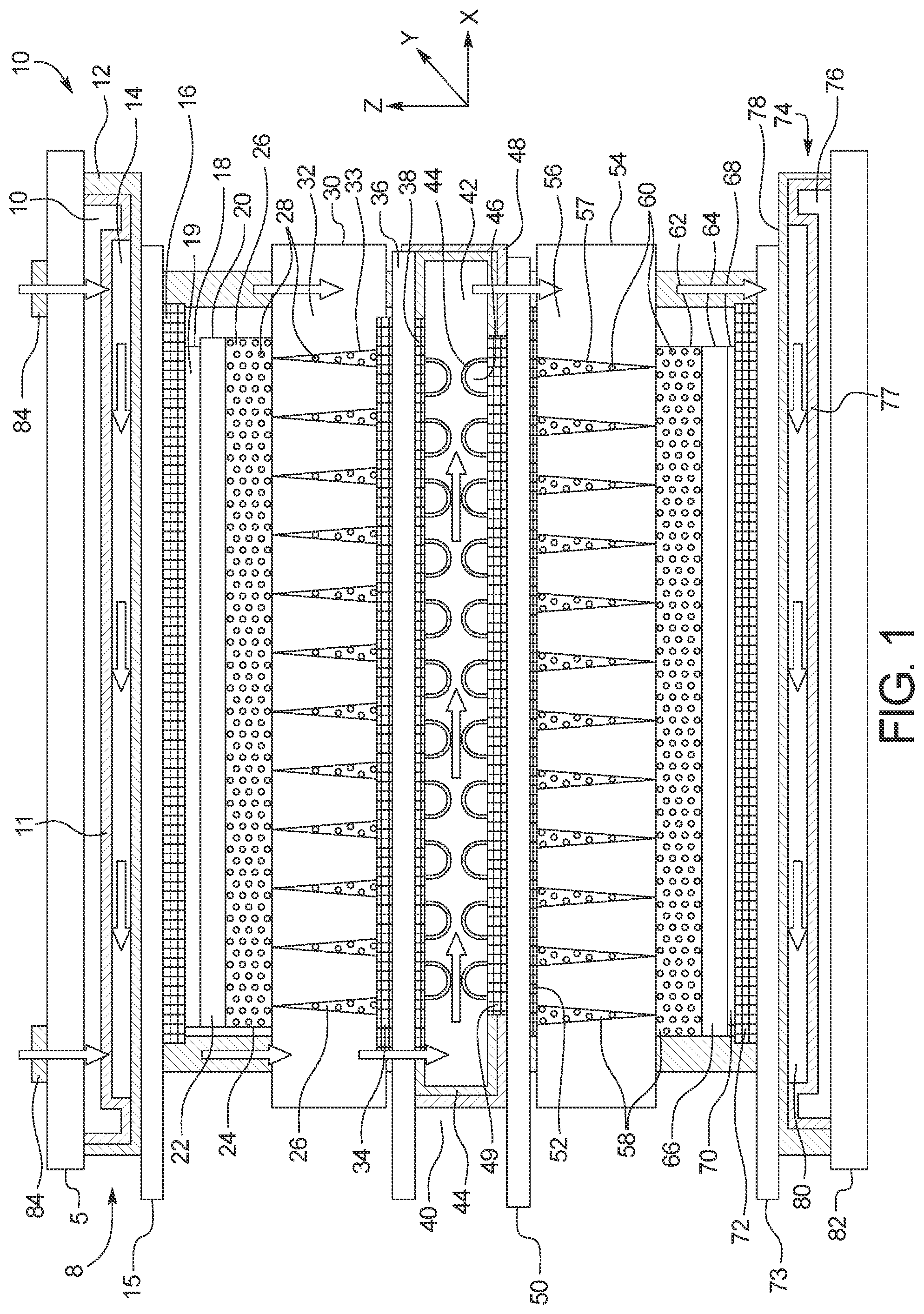 Patent US11784325 Figure 1 – Frameless fuel cell stack having hollow fasteners