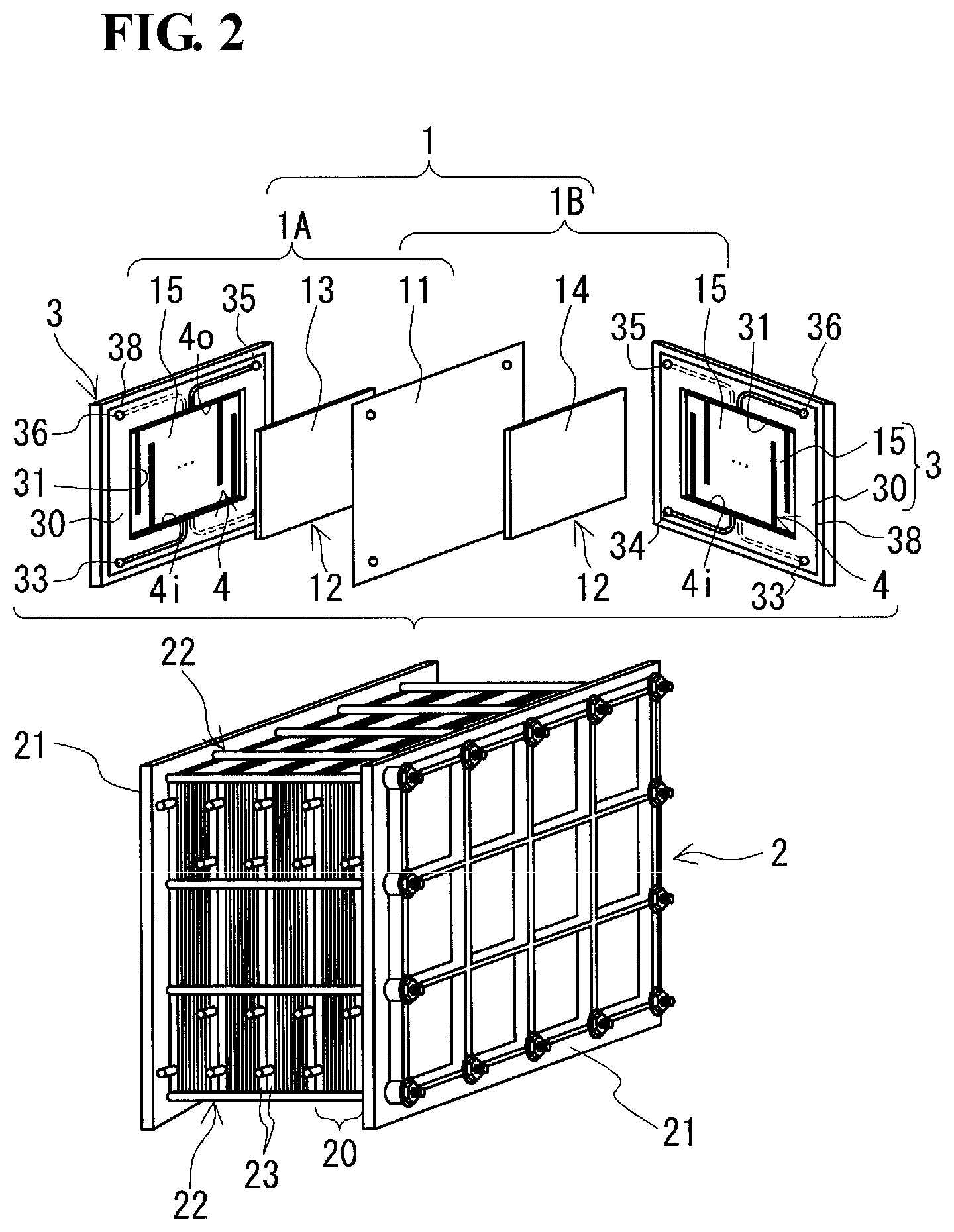 Patent US11784339 Figure 2 – Battery cell, cell stack, and redox flow battery