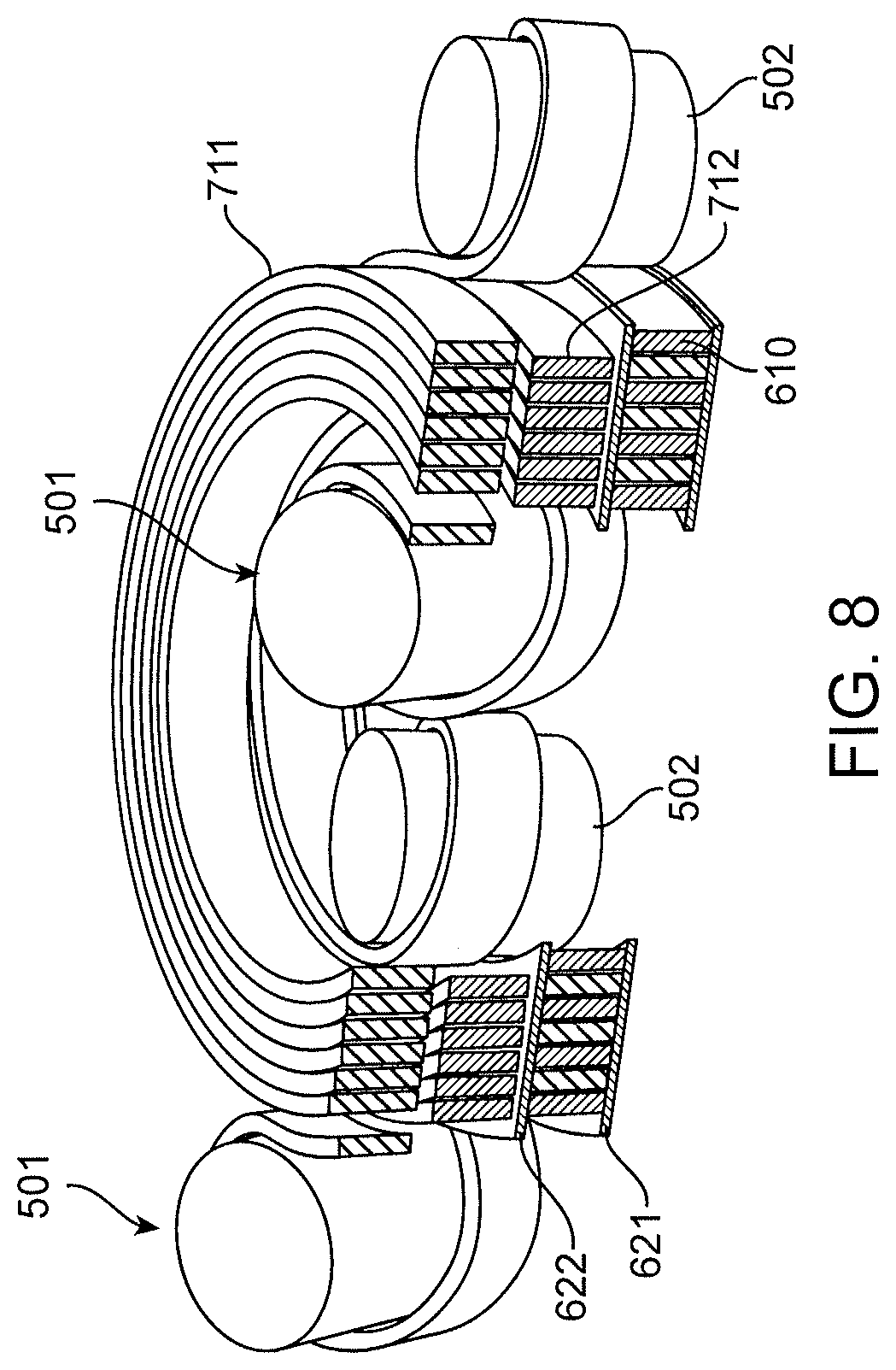 Patent US11784341 Figure 8 – High-energy density and low-cost flow electrochemical devices with moving rechargeable anode and cathode belts