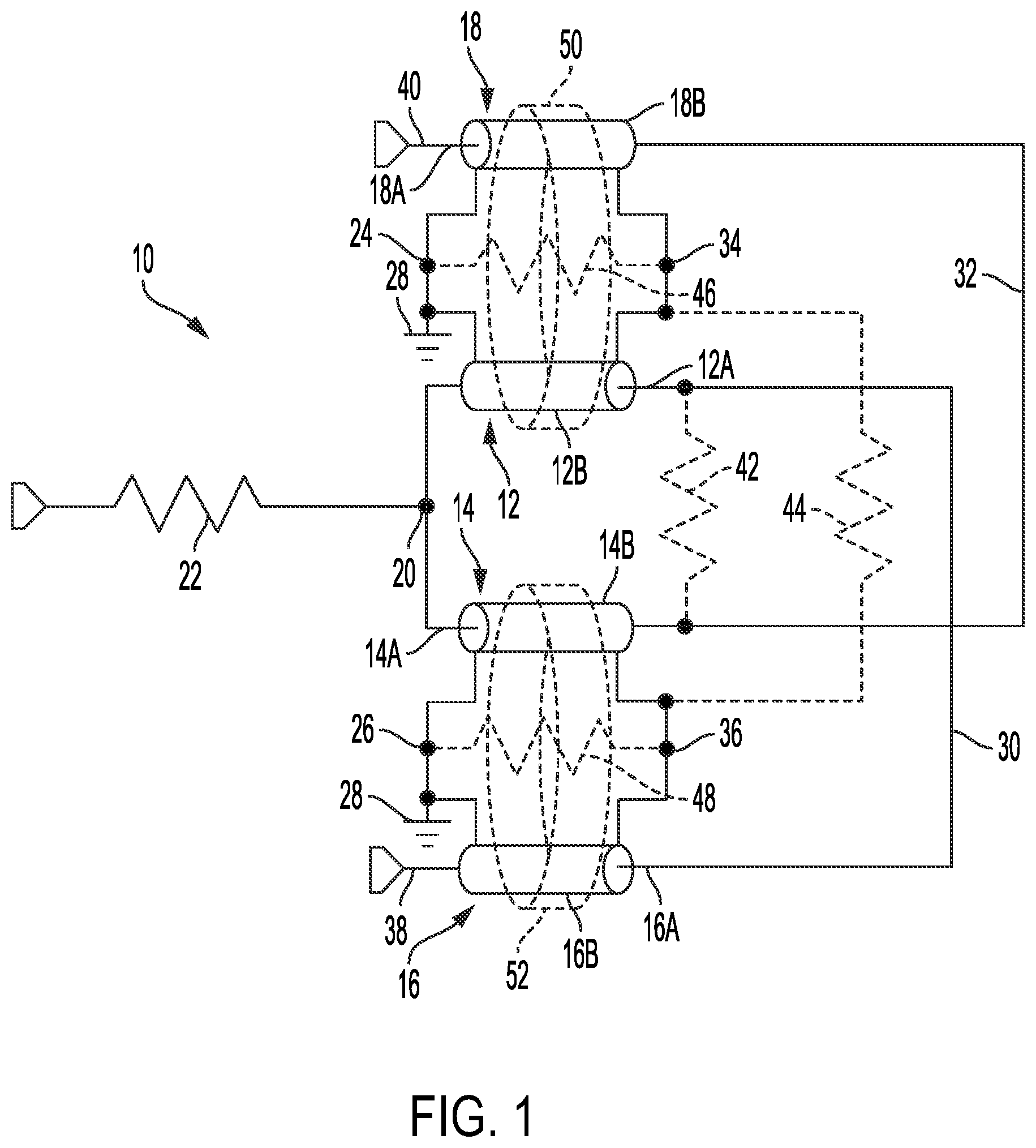 Patent US11784382 — Two-way splitter with crossover — Figure 1