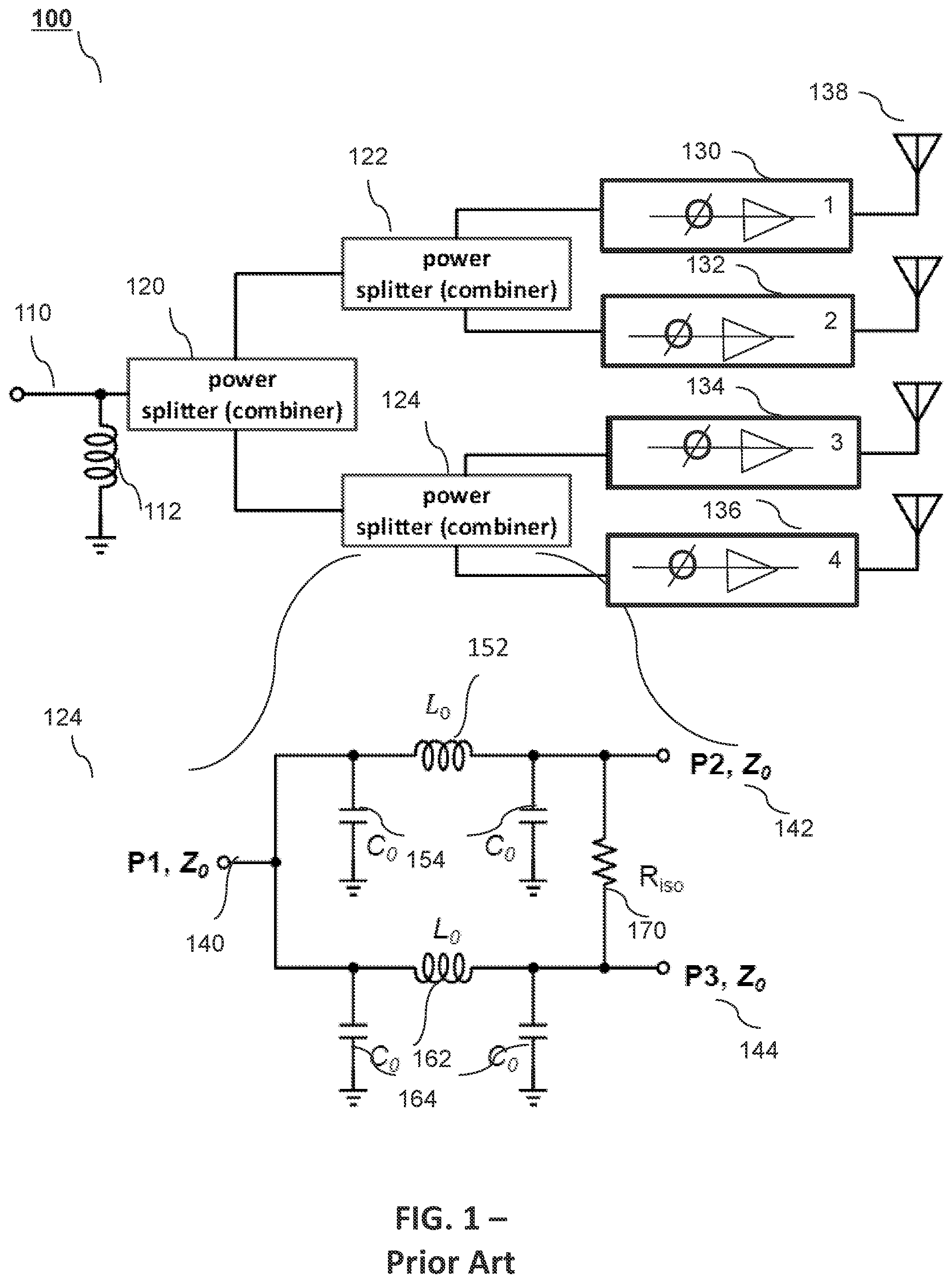 Patent US11784385 Figure 1 – Wilkinson power combiner, communication unit and method therefor