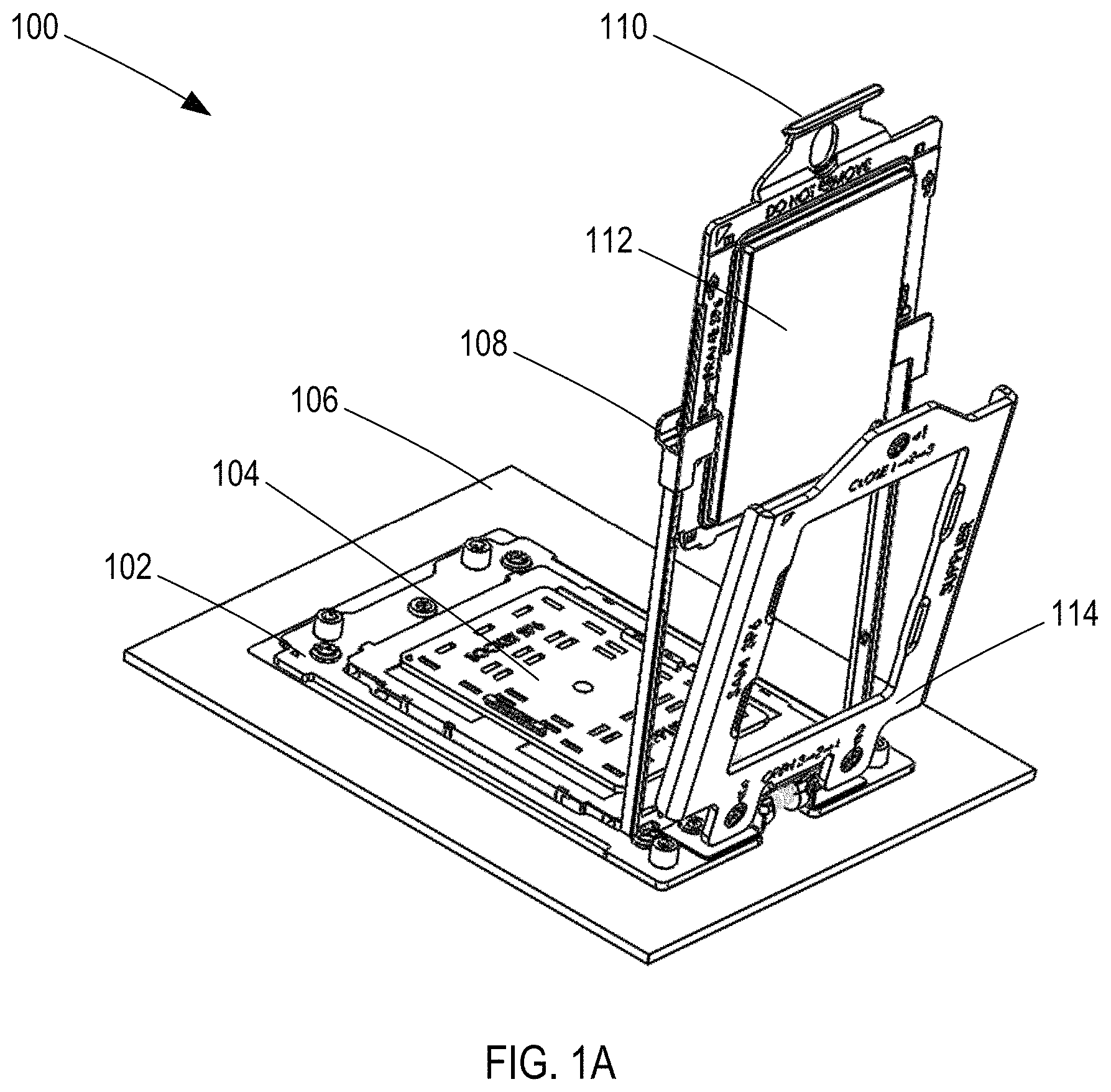 Patent US11784427 — Socket actuation mechanism for package insertion and package-socket alignment — Figure 1