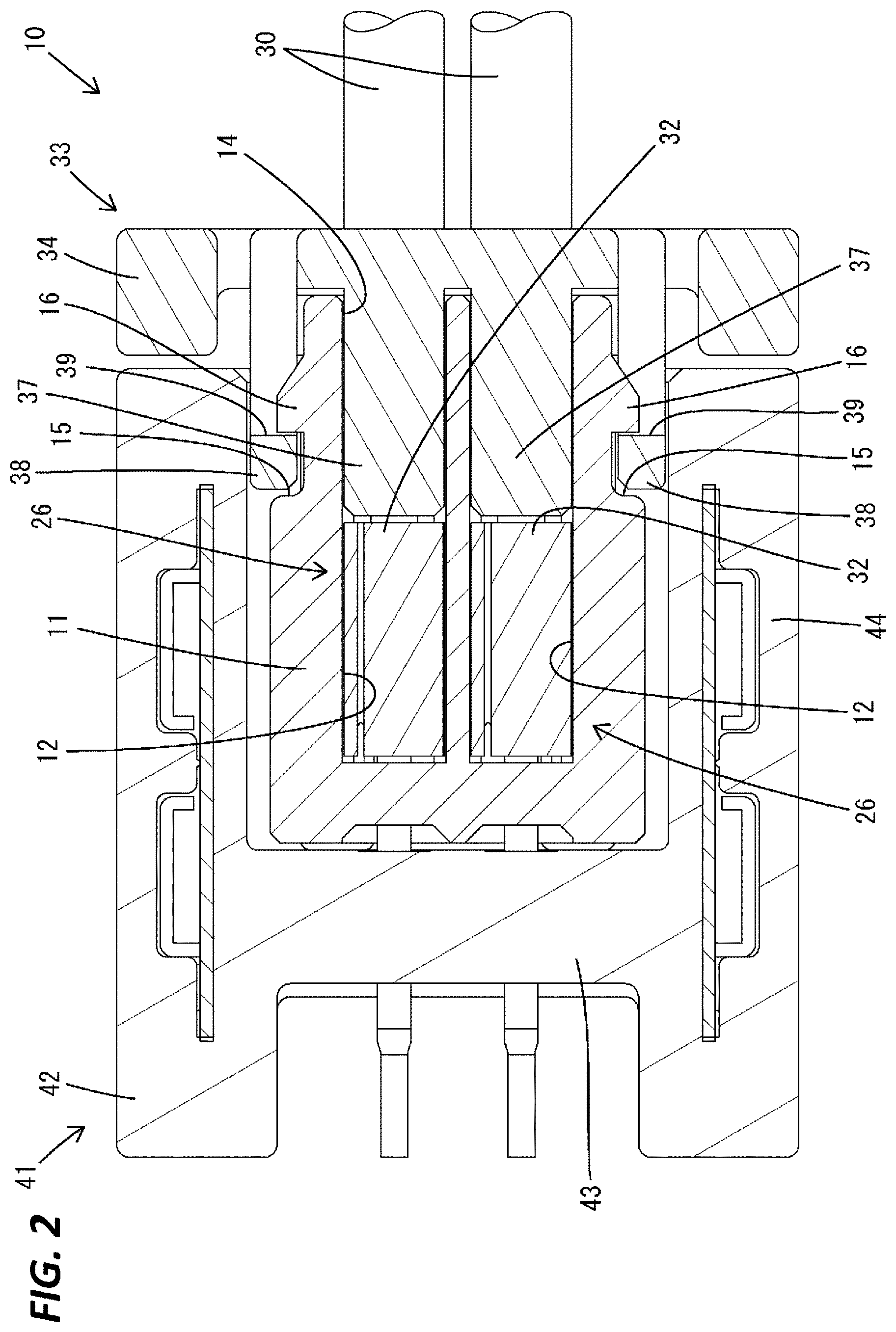 Patent US11784431 Figure 2 – Connector with terminal fitting and lock arm