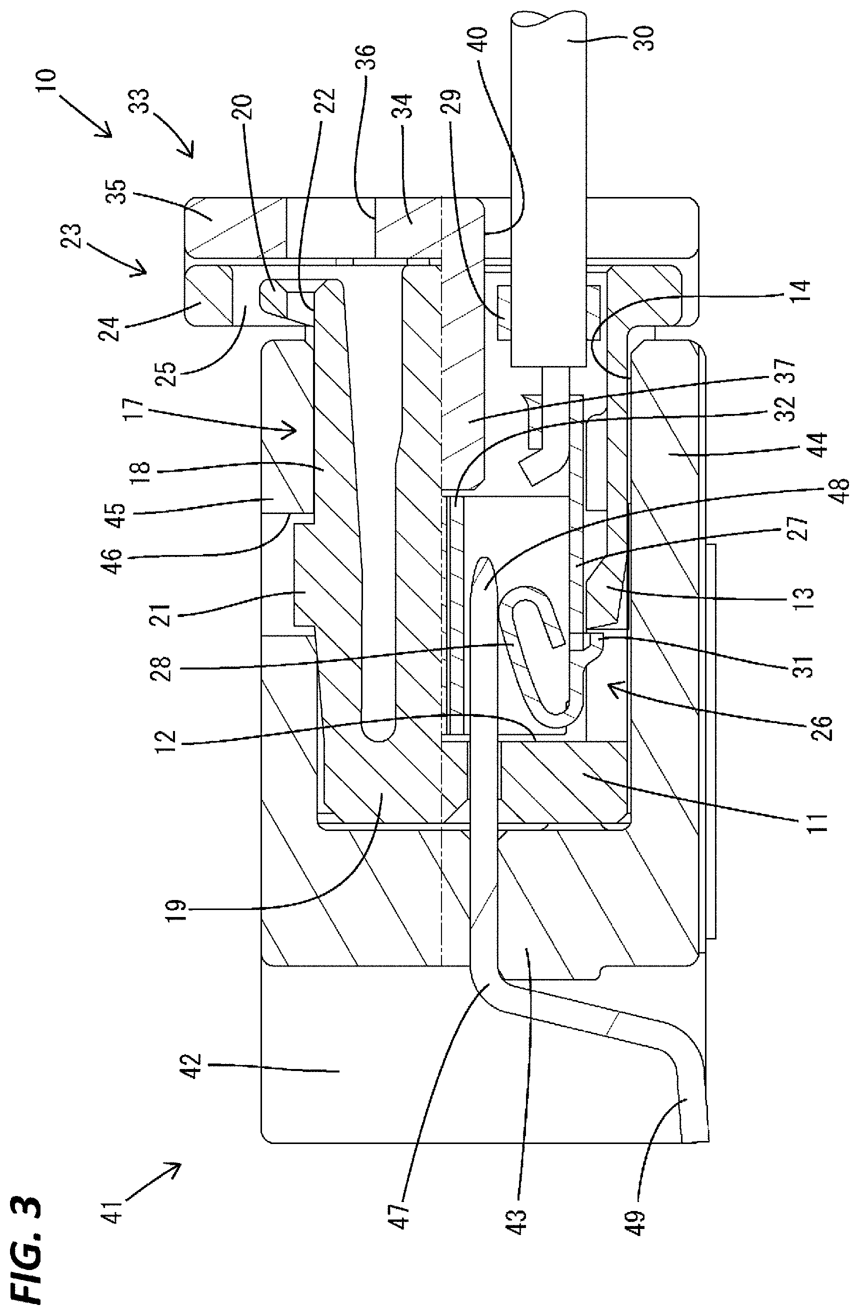 Patent US11784431 Figure 3 – Connector with terminal fitting and lock arm