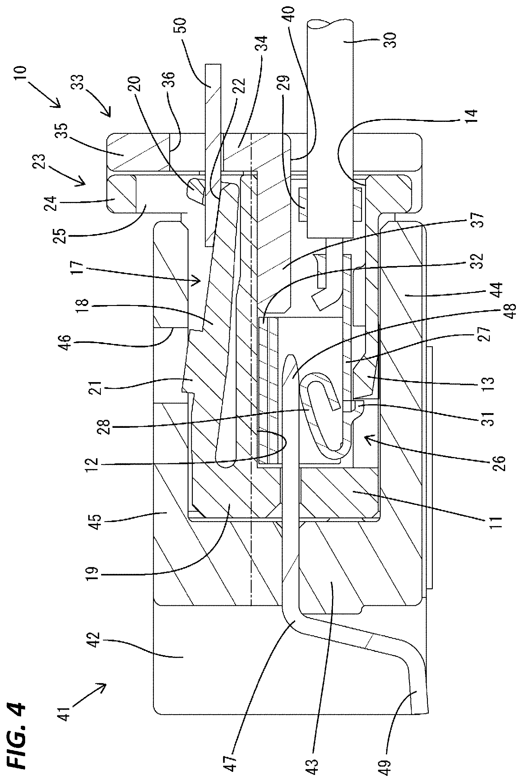 Patent US11784431 Figure 4 – Connector with terminal fitting and lock arm