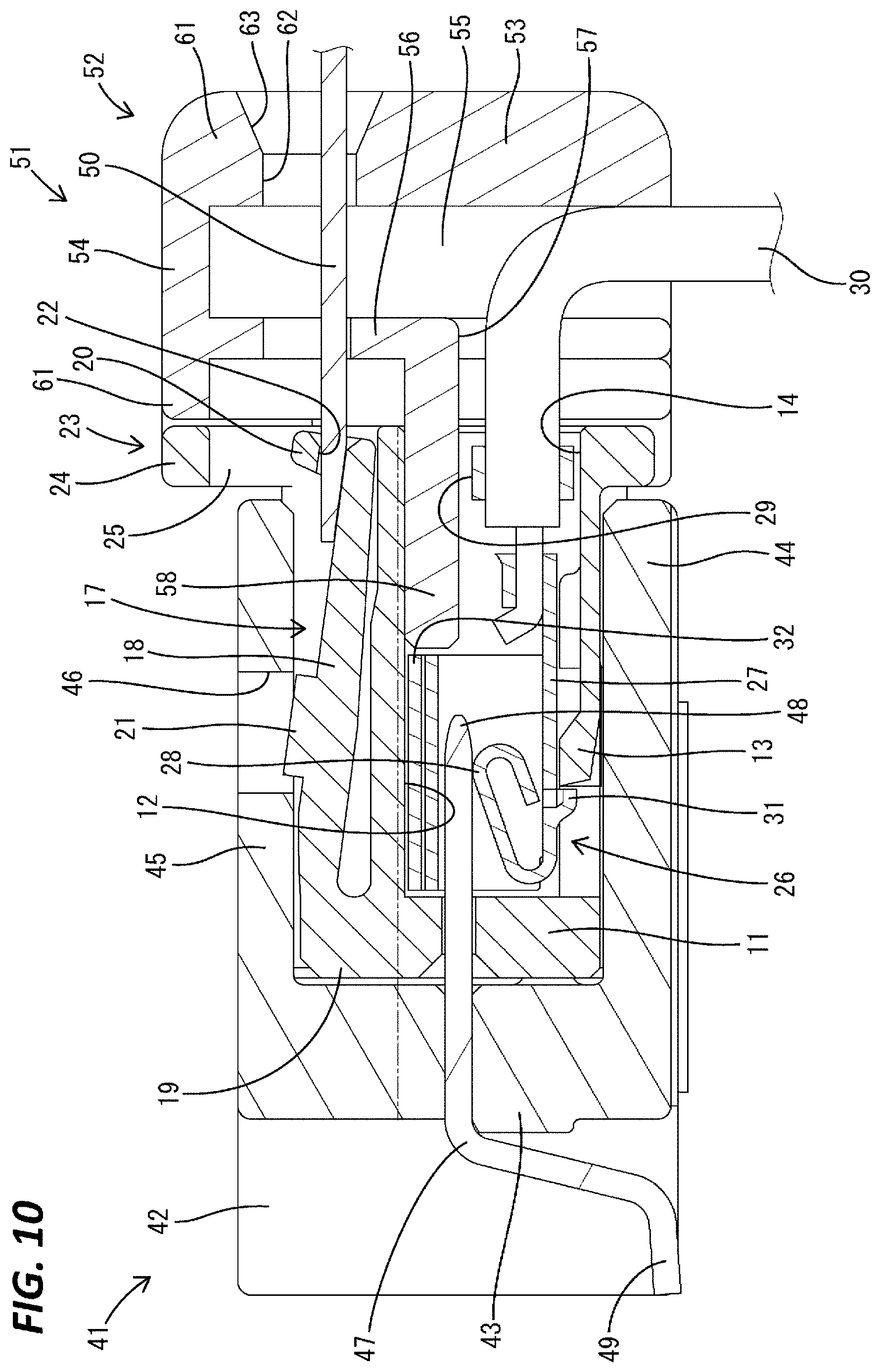 Patent US11784431 Figure 10 – Connector with terminal fitting and lock arm