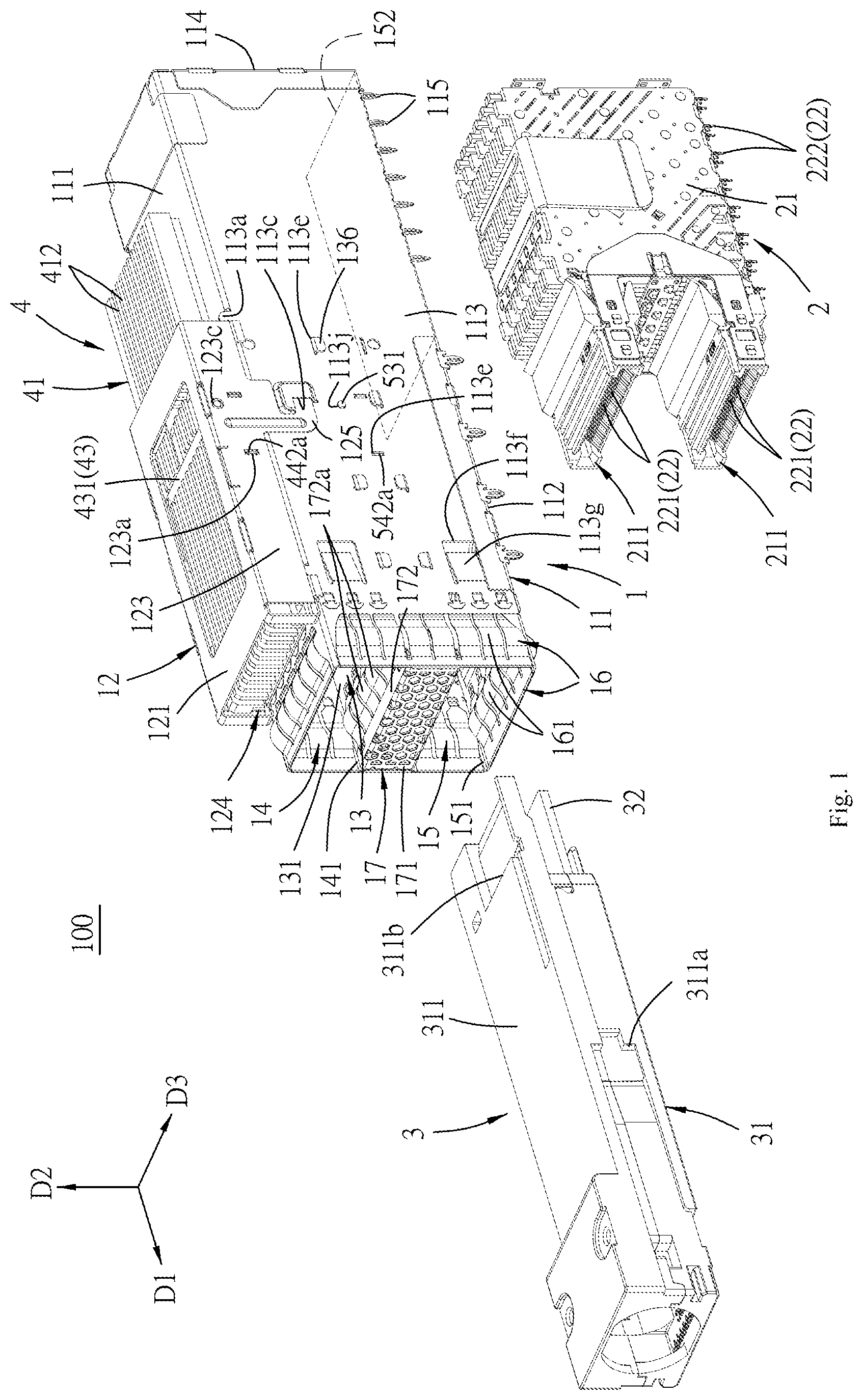 Patent US11784434 Figure 1 – Connector assembly with movable heat sink
