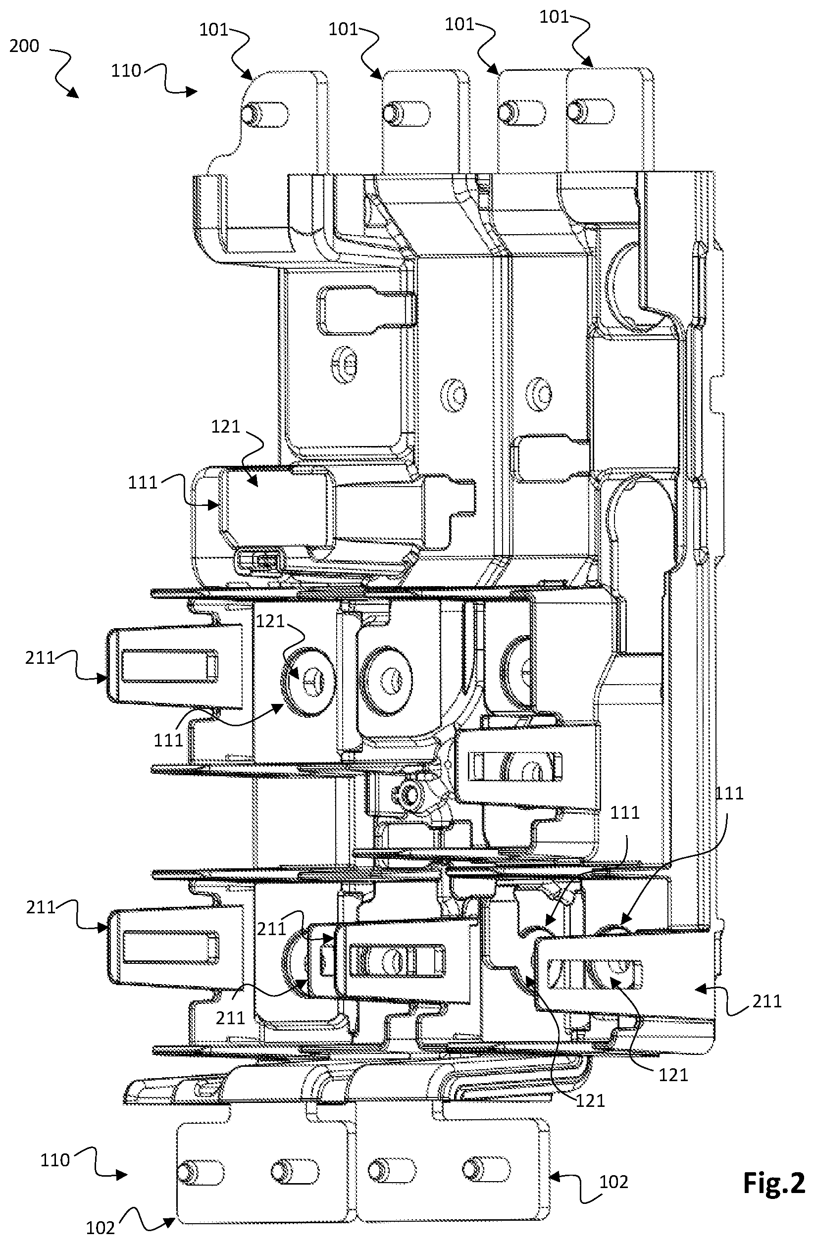 Patent US11784443 Figure 2 – Multifunctional carrier and high voltage contactor for a battery system of an electric vehicle